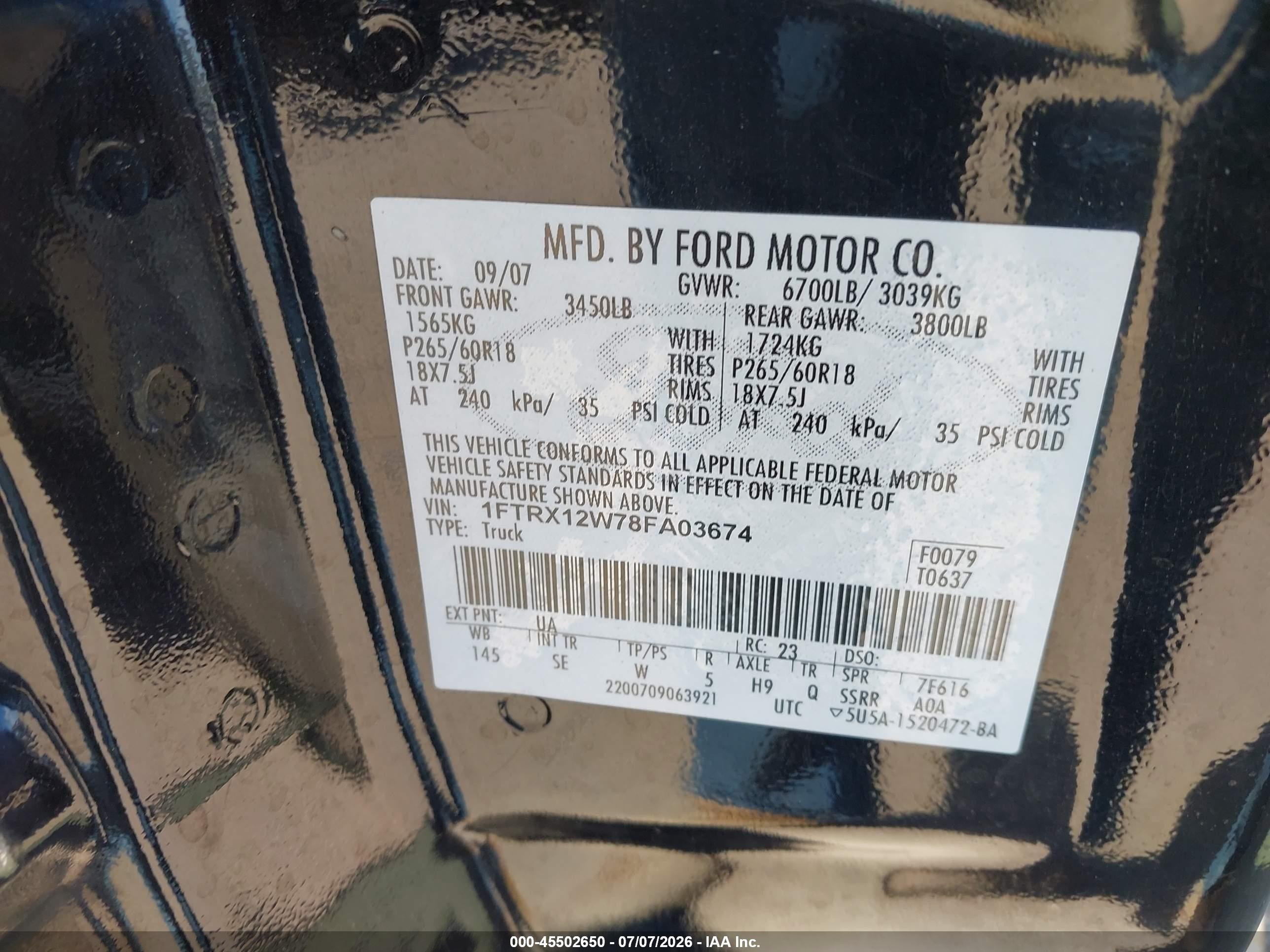 2008 Ford F-150 60th Anniversary/fx2/stx/xl/xlt Black vin: 1FTRX12W78FA03674