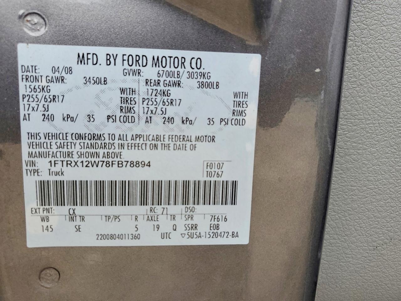 2008 Ford F150 Gray vin: 1FTRX12W78FB78894