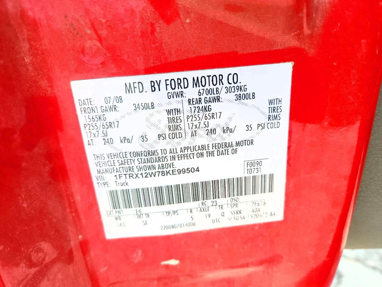 2008 Ford F150 Red vin: 1FTRX12W78KE99504