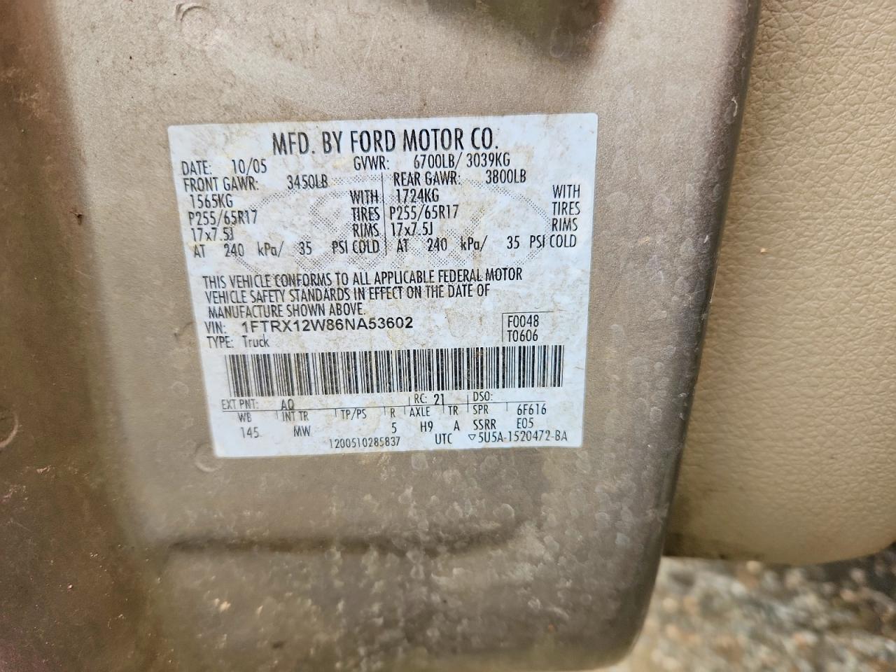 2006 Ford F150 Tan vin: 1FTRX12W86NA53602