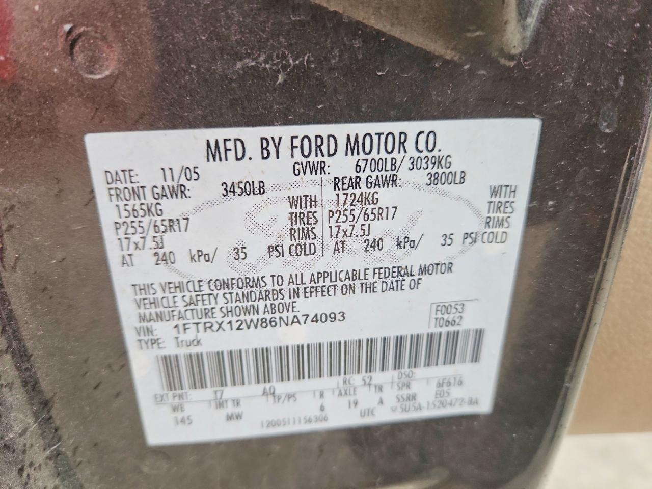 2006 Ford F150 Black vin: 1FTRX12W86NA74093