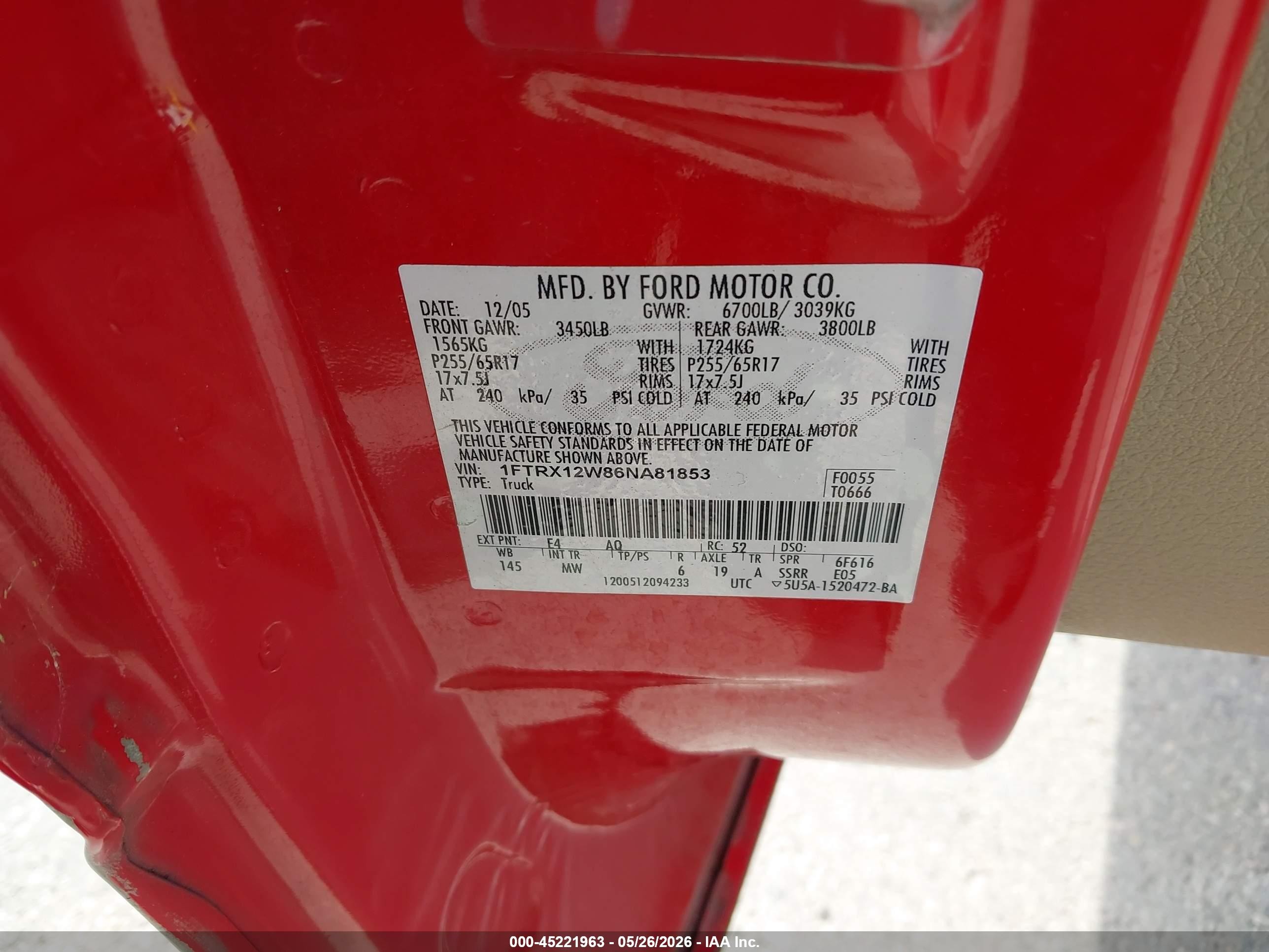 2006 Ford F-150 Stx/xl/xlt Red vin: 1FTRX12W86NA81853