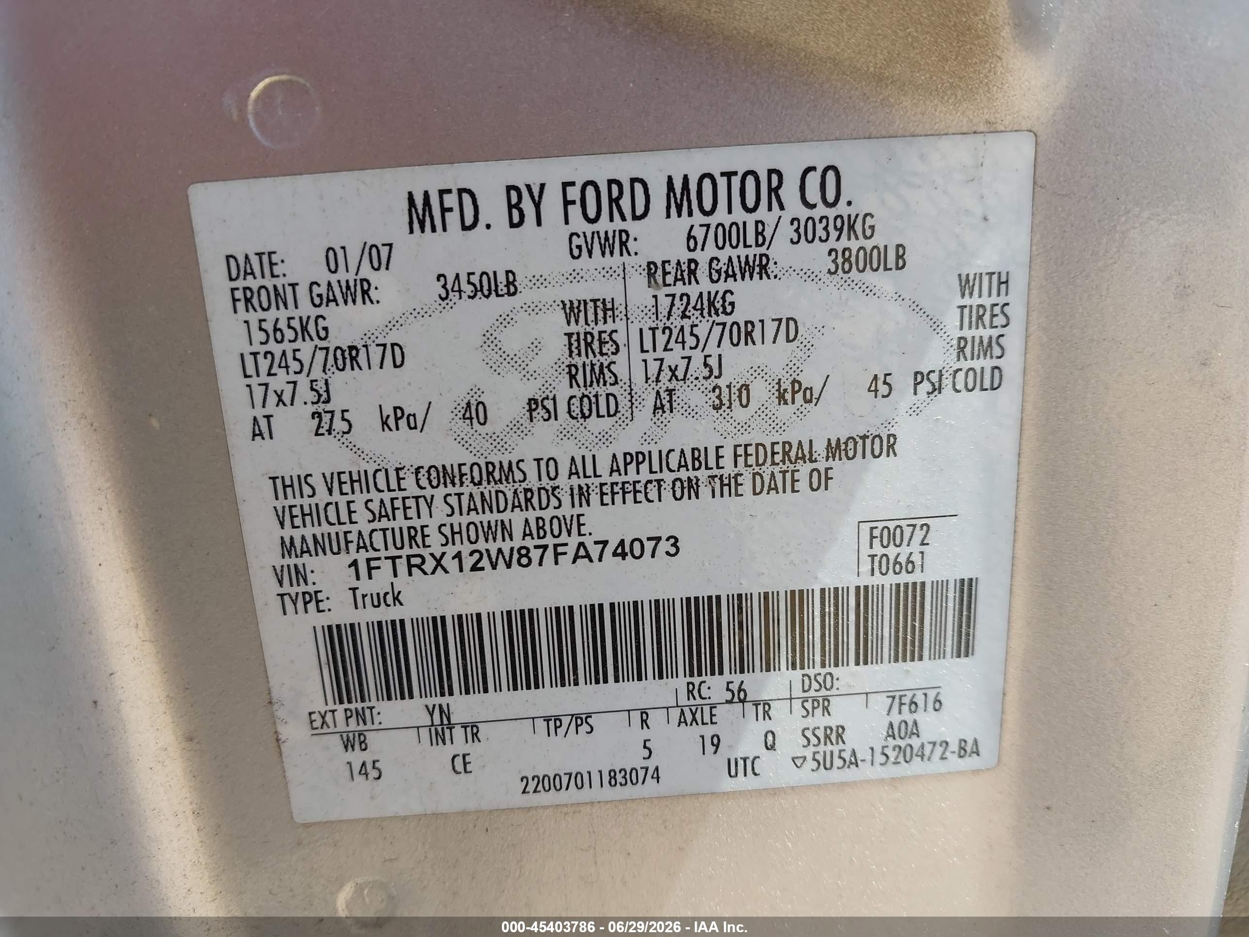 2007 Ford F-150 Stx/xl/xlt Silver vin: 1FTRX12W87FA74073