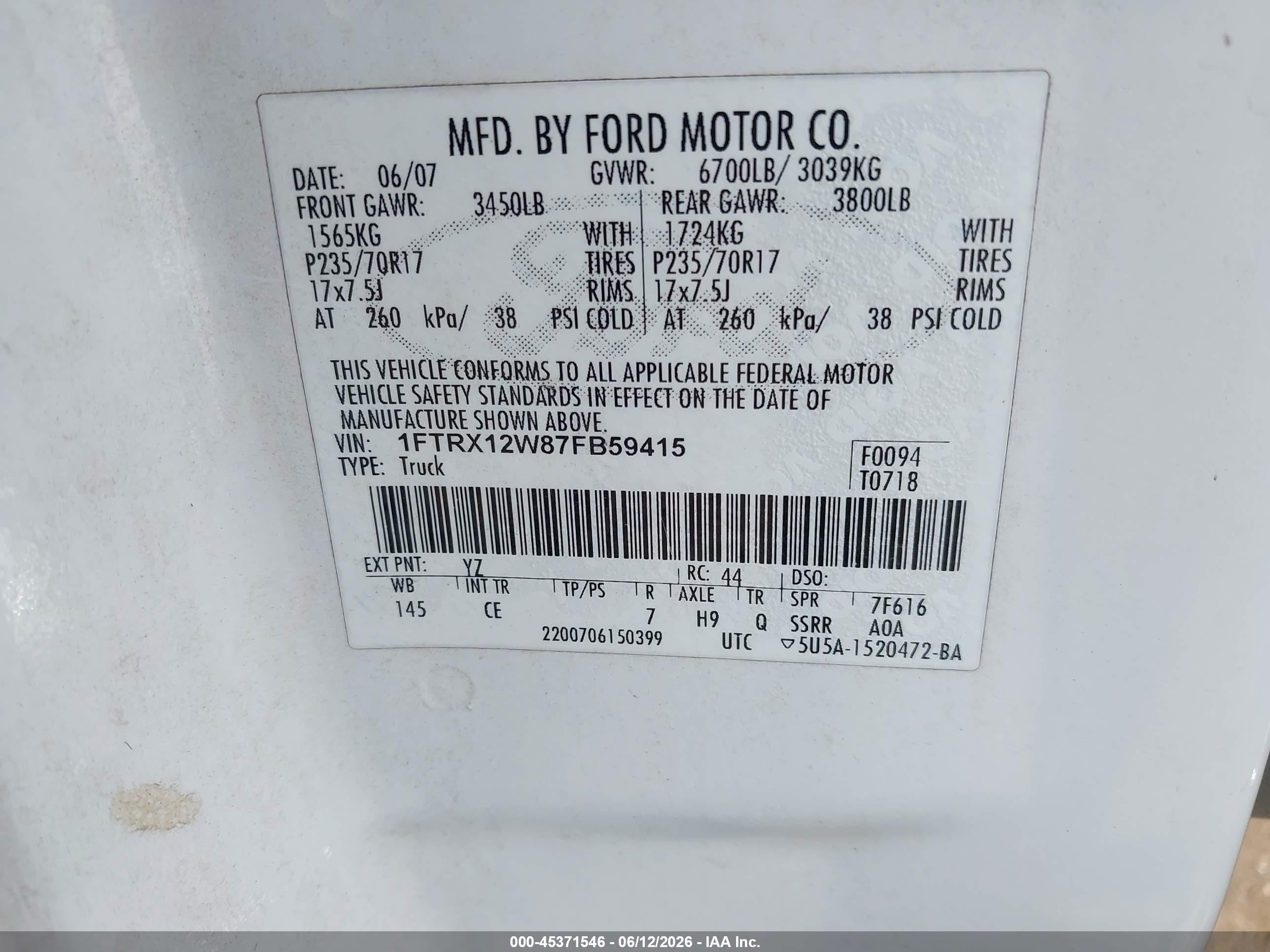 2007 Ford F-150 Stx/xl/xlt White vin: 1FTRX12W87FB59415