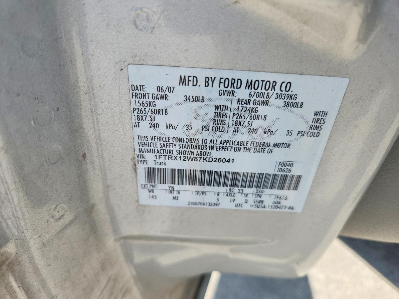 2007 Ford F150 Silver vin: 1FTRX12W87KD26041