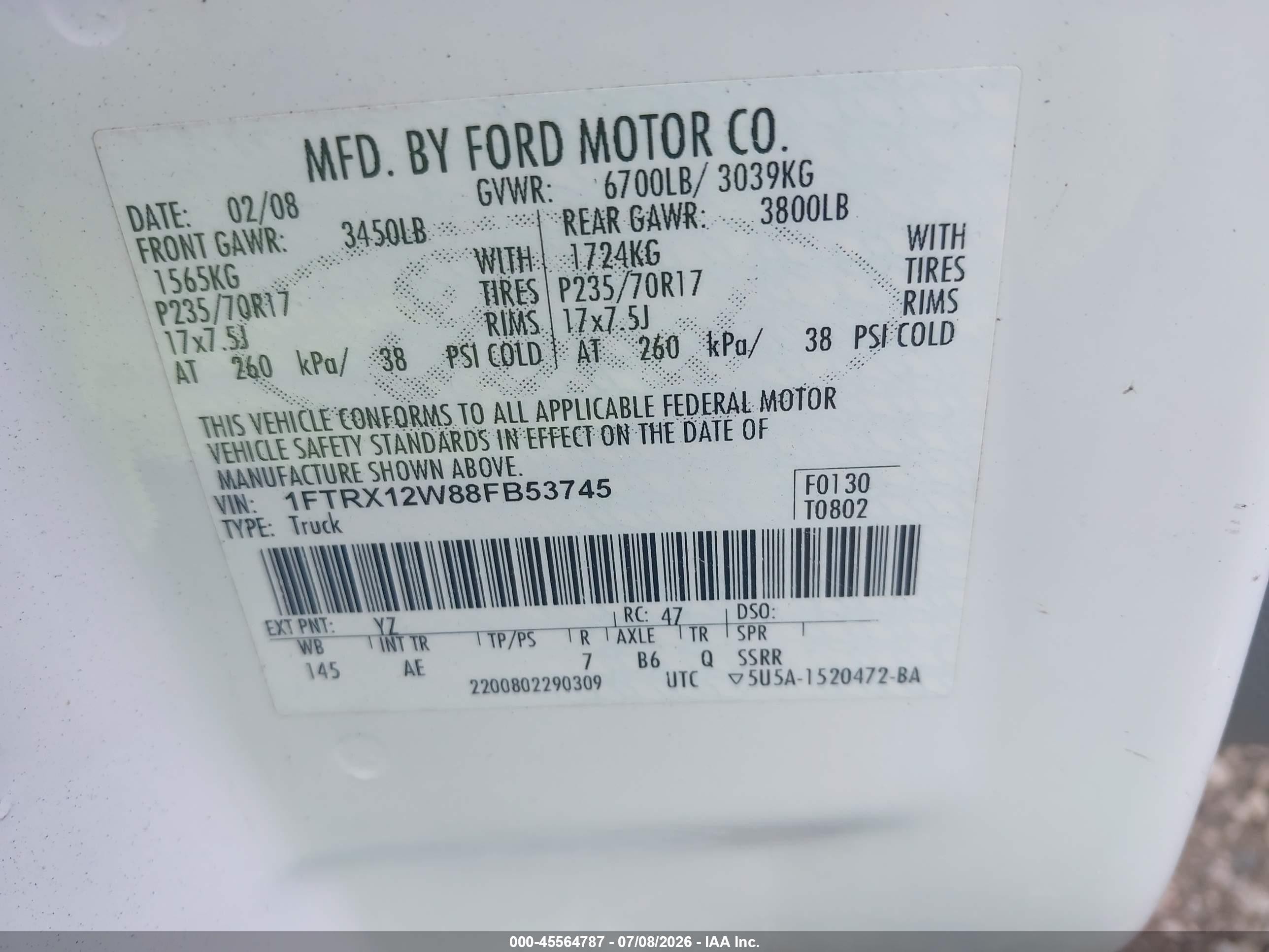 2008 Ford F-150 60th Anniversary/fx2/stx/xl/xlt Белый vin: 1FTRX12W88FB53745