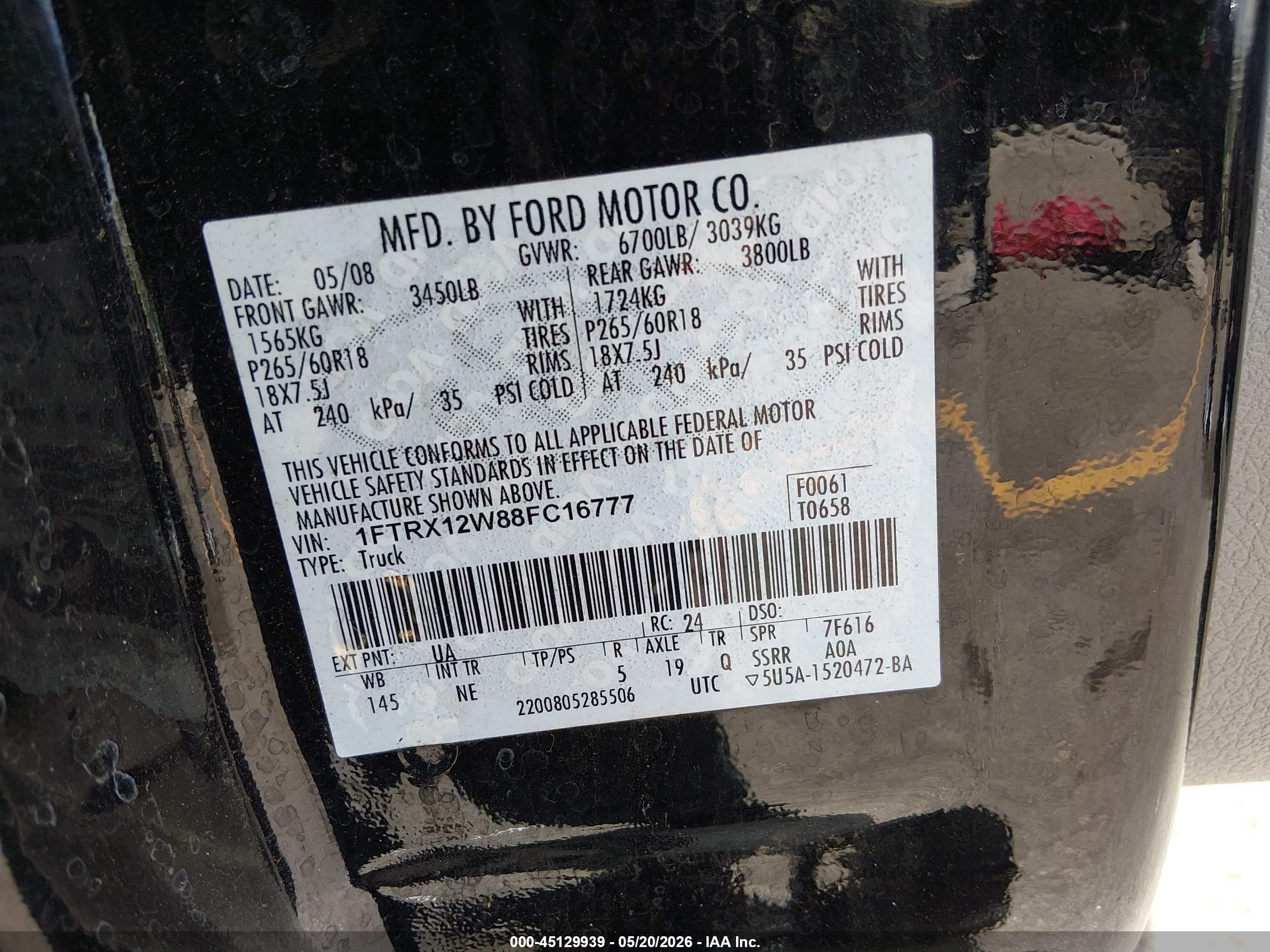 2008 Ford F-150 Fx2/stx/xl/xlt Black vin: 1FTRX12W88FC16777