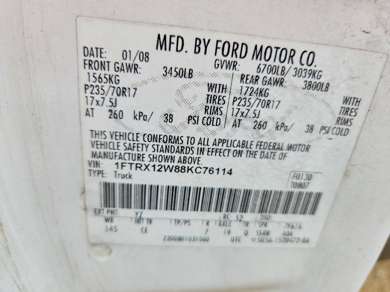 2008 Ford F150 White vin: 1FTRX12W88KC76114