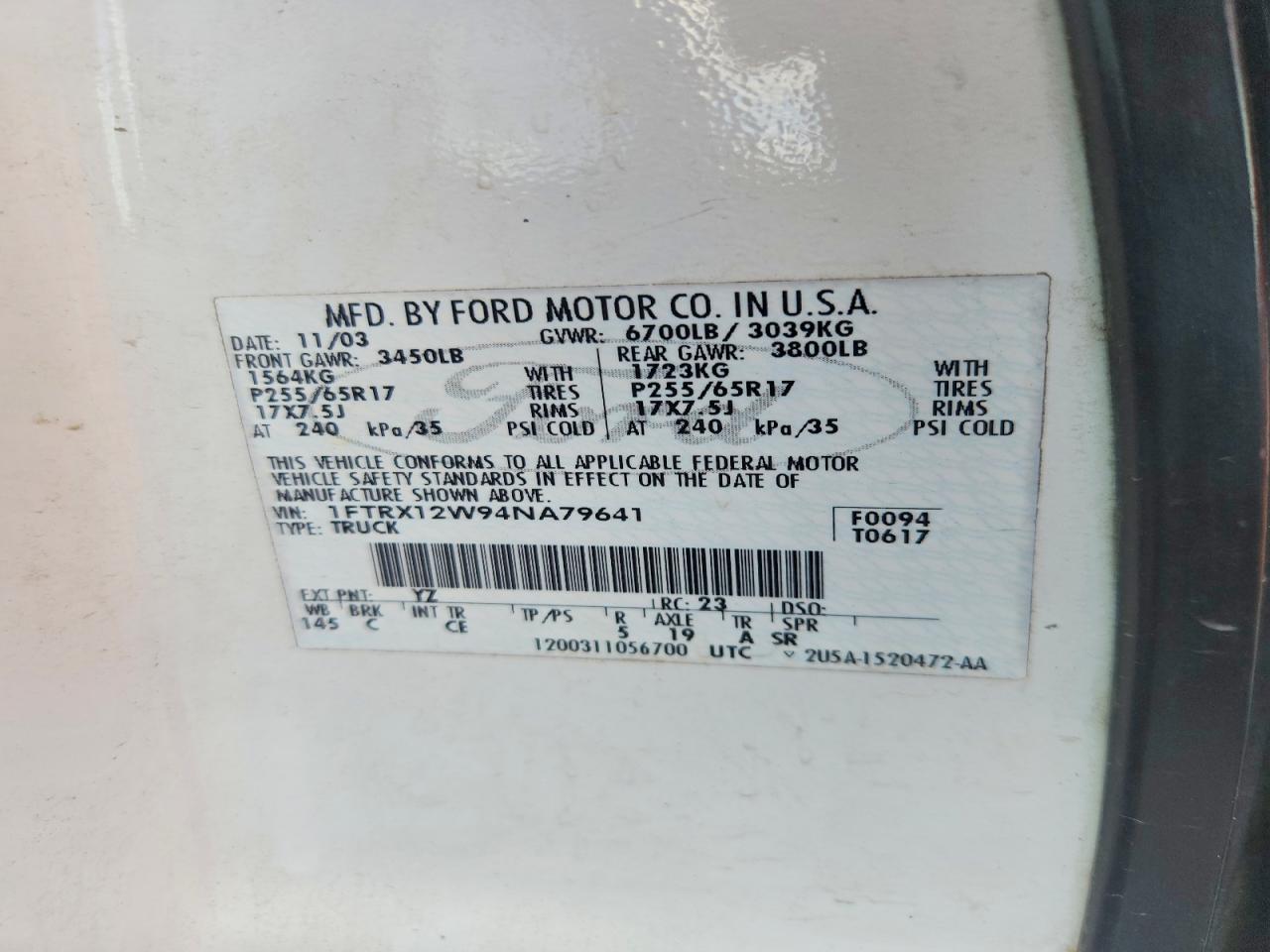 2004 Ford F150 White vin: 1FTRX12W94NA79641