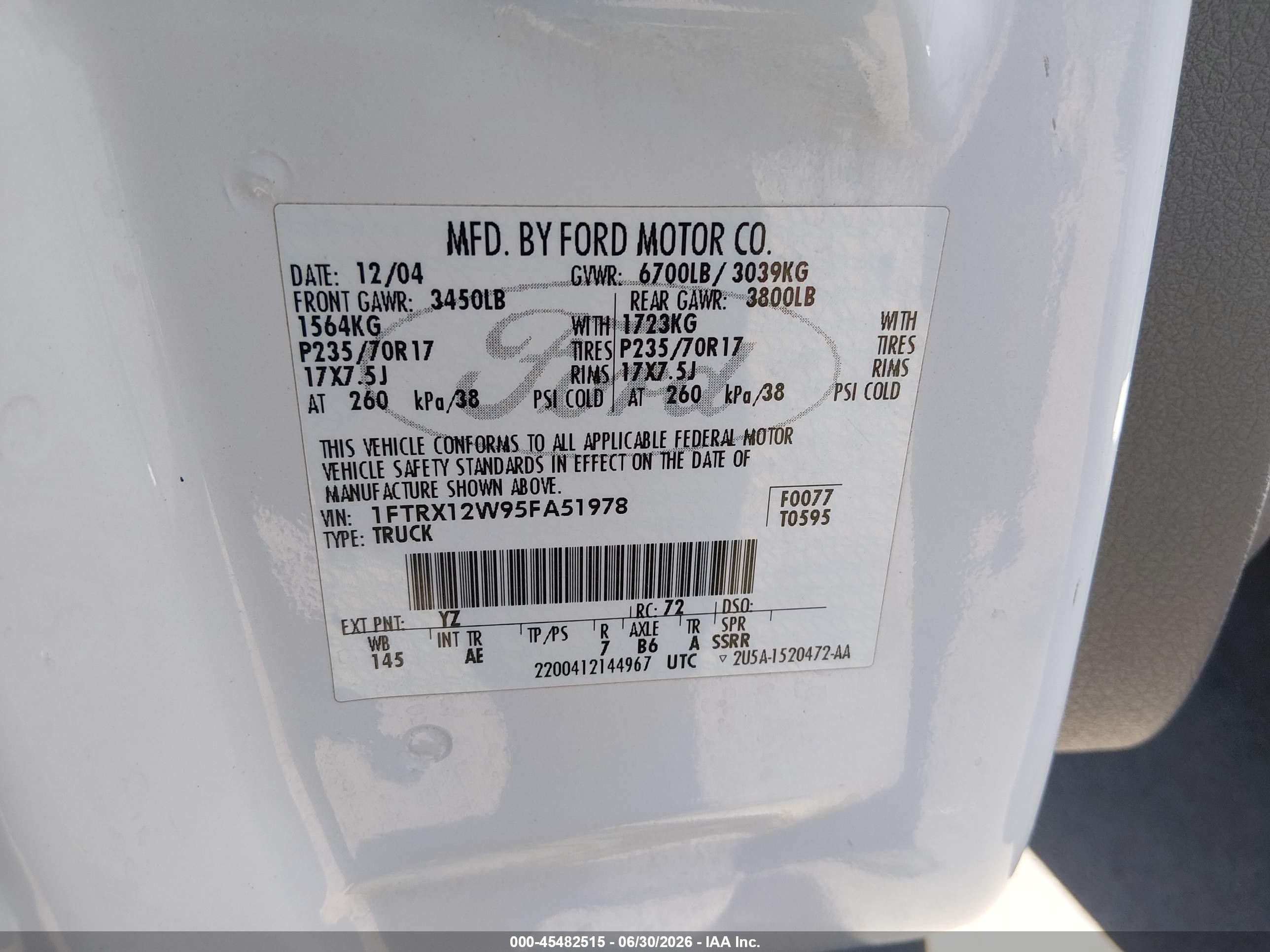 2005 Ford F-150 Stx/xl/xlt White vin: 1FTRX12W95FA51978