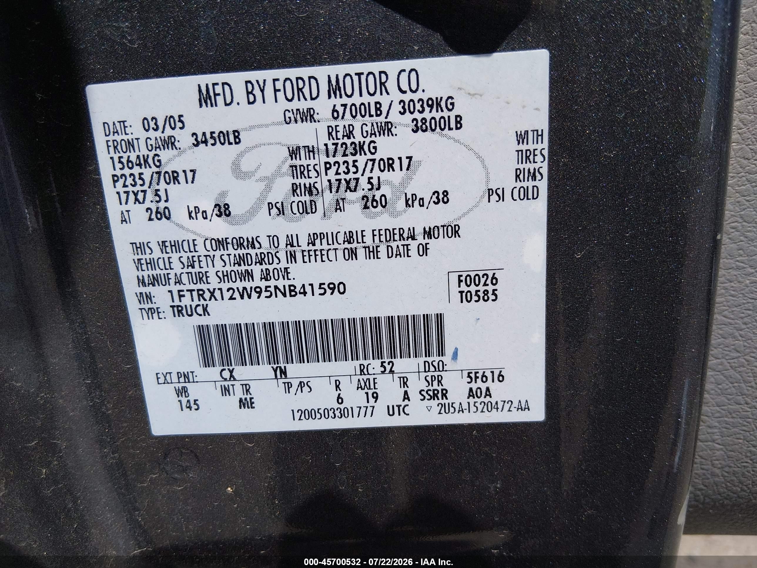 2005 Ford F-150 Stx/xl/xlt Серый vin: 1FTRX12W95NB41590