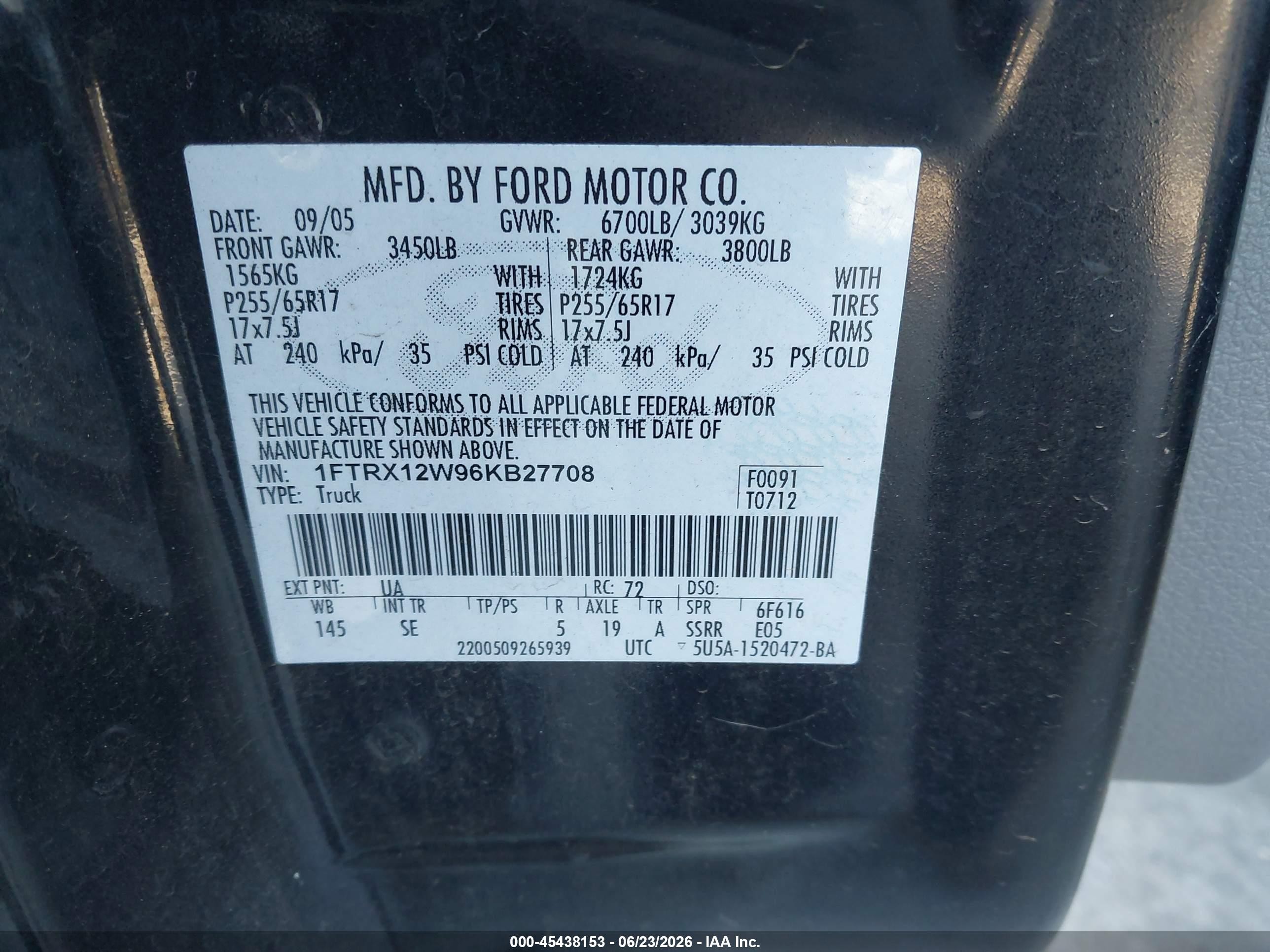 2006 Ford F-150 Stx/xl/xlt Черный vin: 1FTRX12W96KB27708