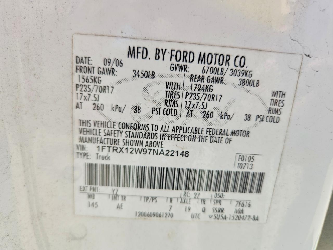 2007 Ford F150 Белый vin: 1FTRX12W97NA22148