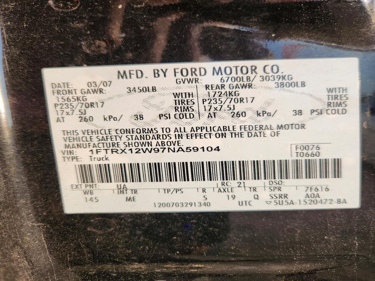 2007 Ford F150 Черный vin: 1FTRX12W97NA59104