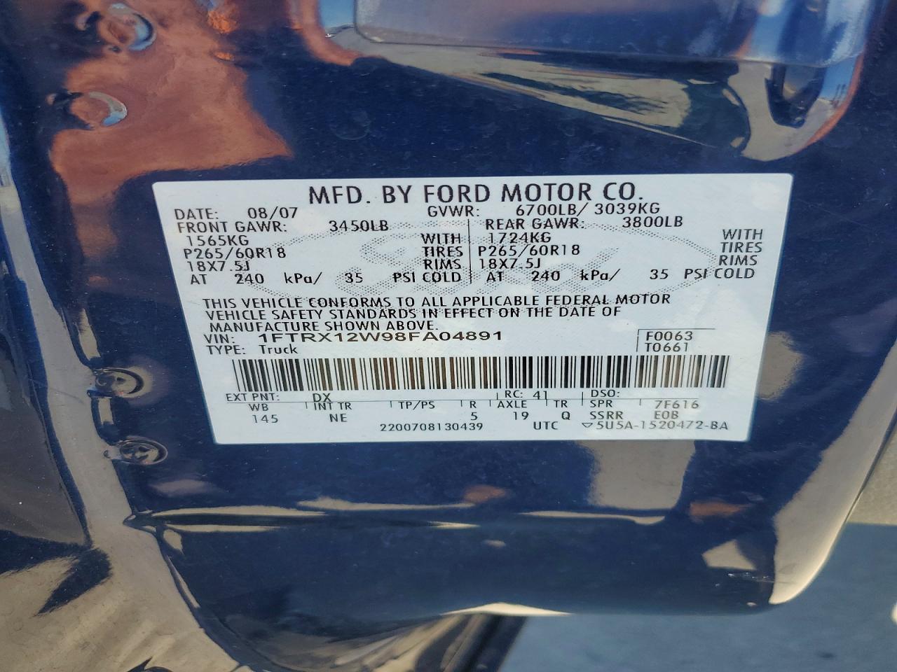 2008 Ford F150 Blue vin: 1FTRX12W98FA04891