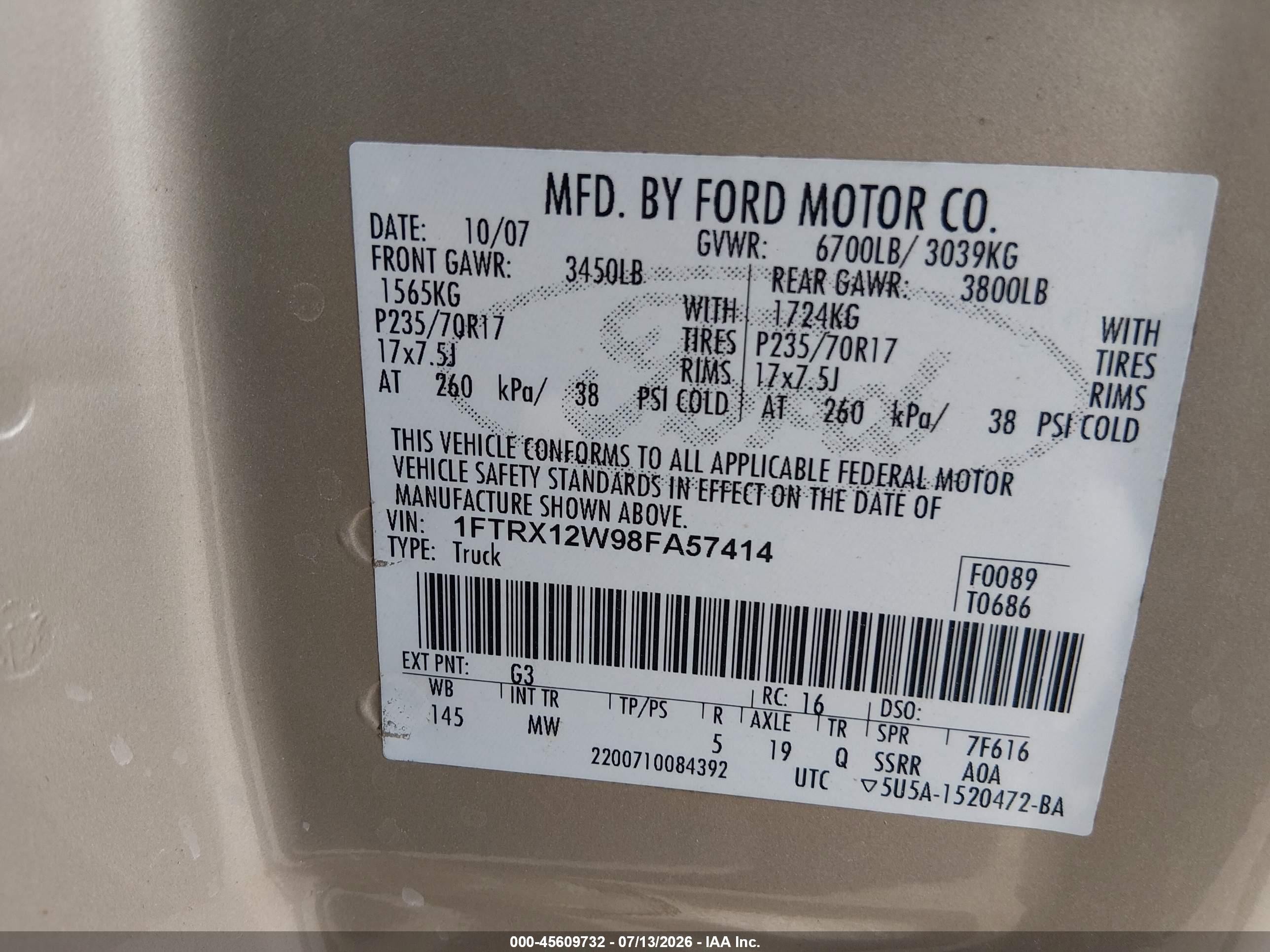 2008 Ford F-150 Fx2/stx/xl/xlt Beige vin: 1FTRX12W98FA57414