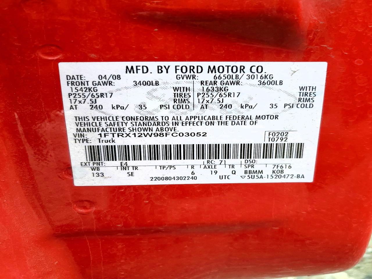2008 Ford F150 Red vin: 1FTRX12W98FC03052