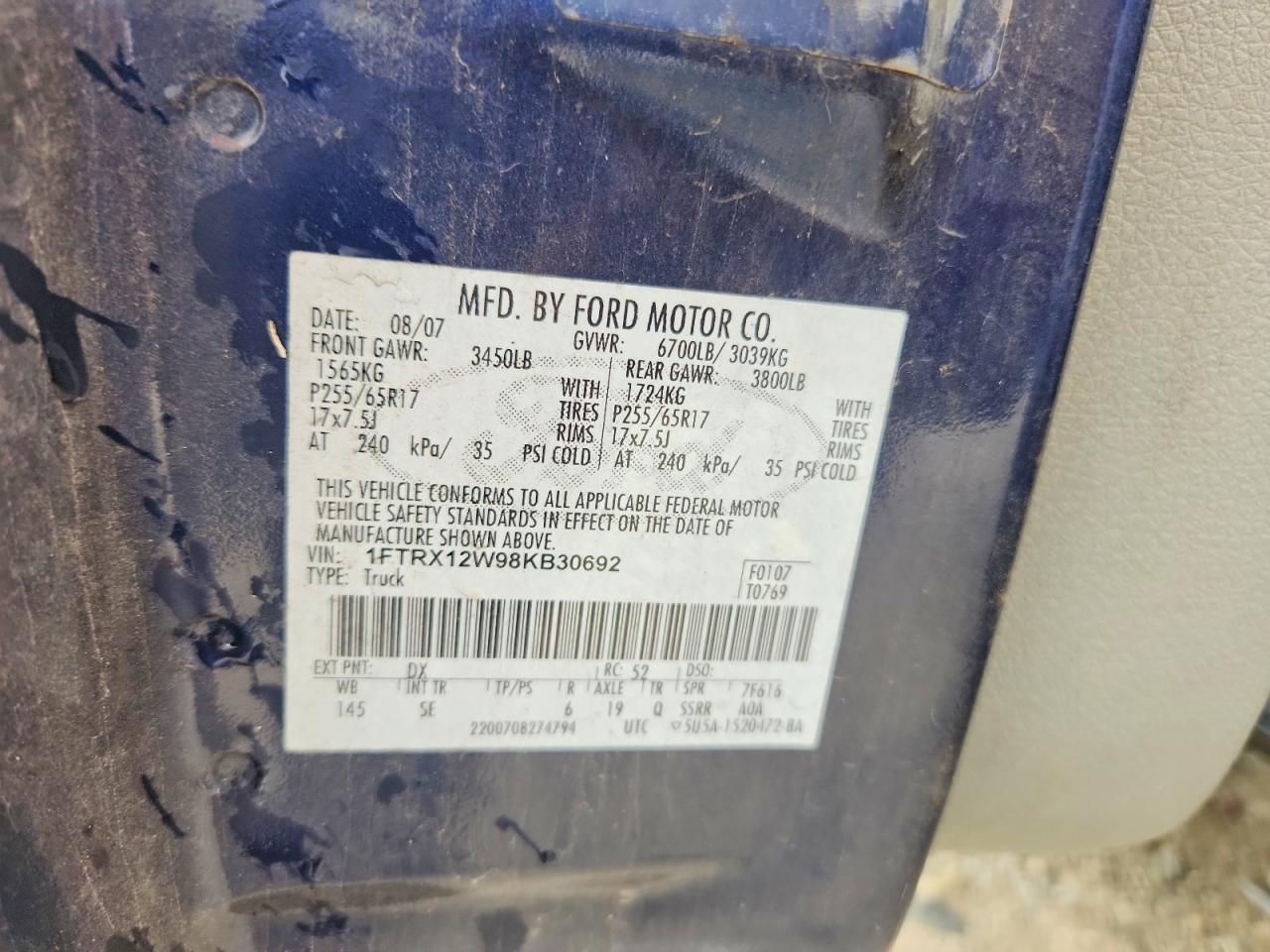 2008 Ford F150 Blue vin: 1FTRX12W98KB30692