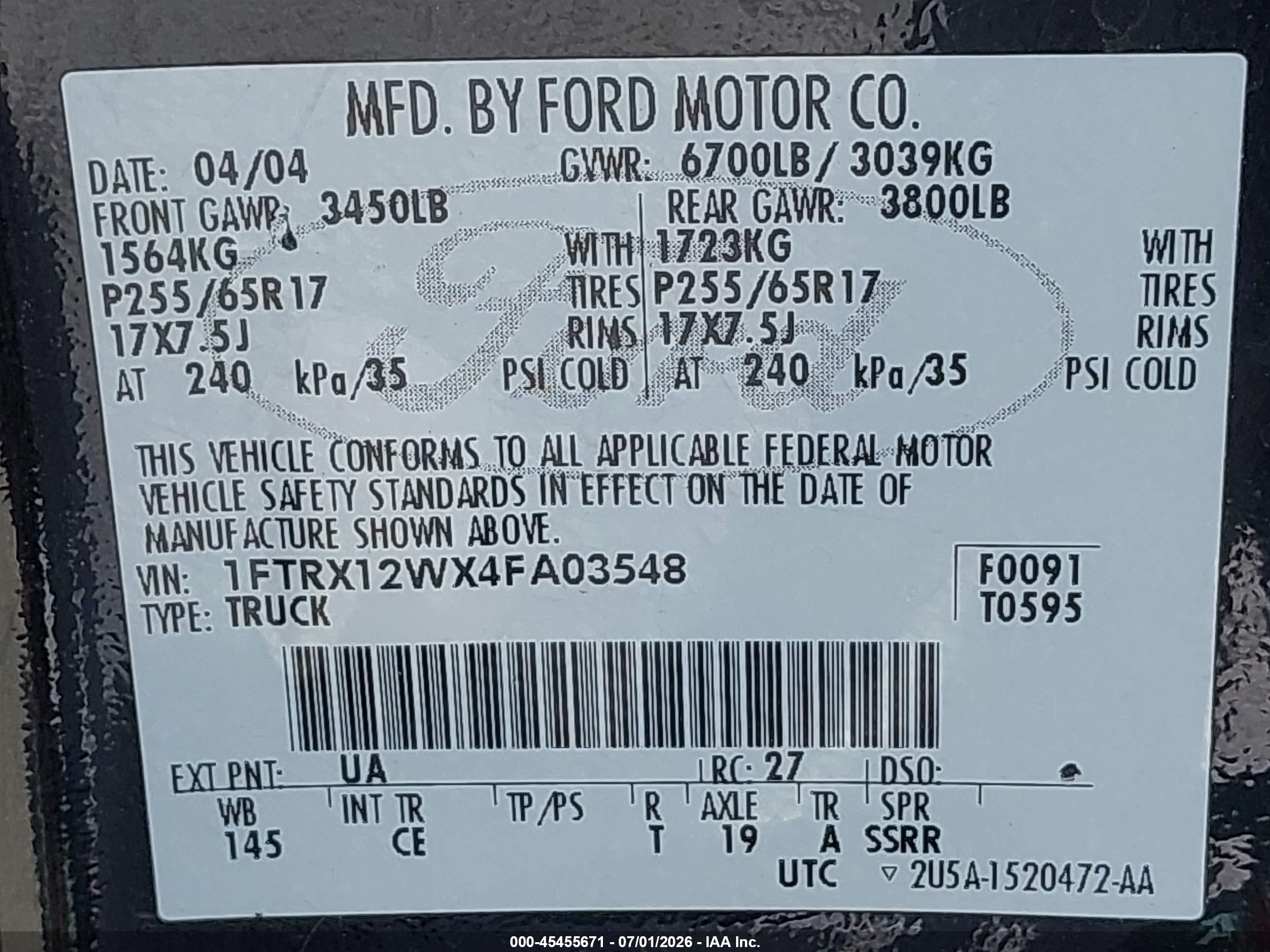 2004 Ford F-150 Stx/xl/xlt Black vin: 1FTRX12WX4FA03548