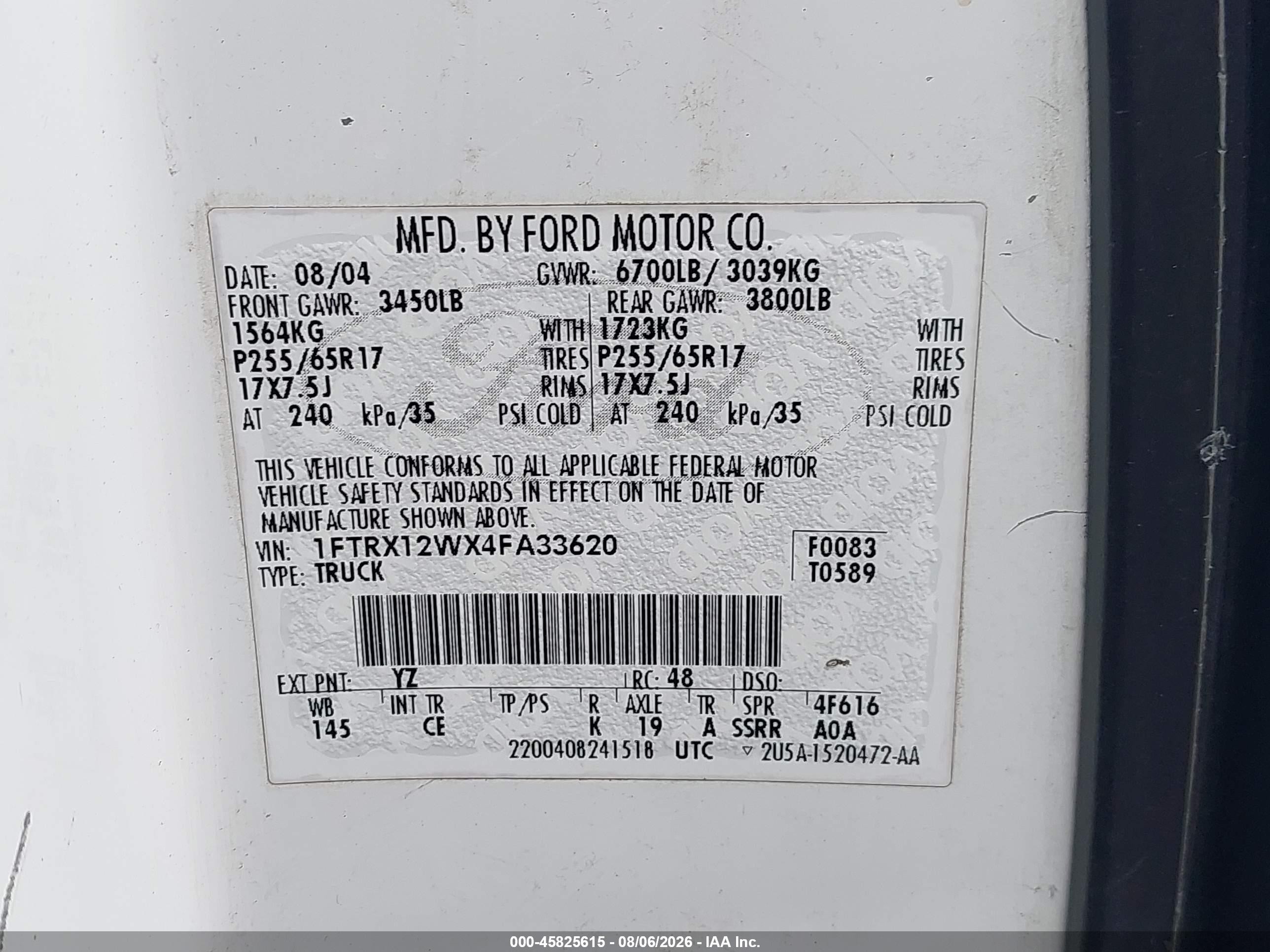 2004 Ford F-150 Stx/xl/xlt White vin: 1FTRX12WX4FA33620