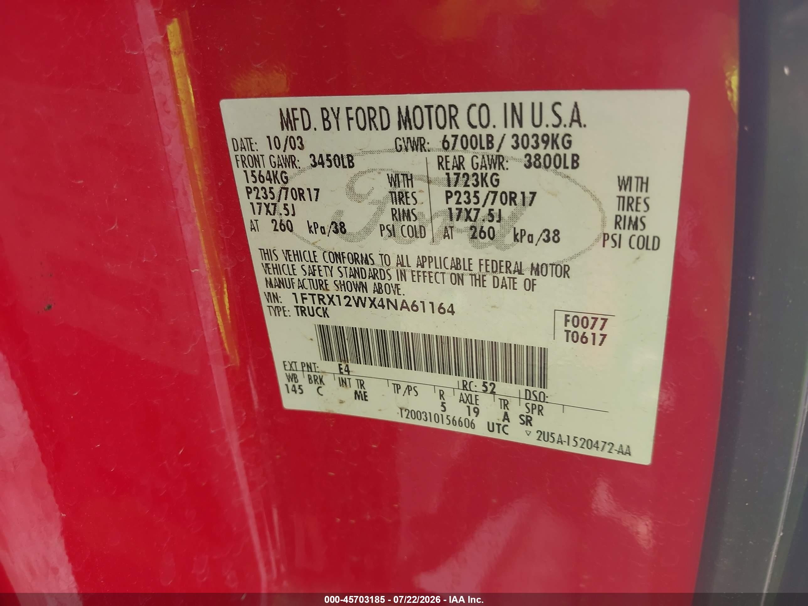 2004 Ford F-150 Stx/xl/xlt Red vin: 1FTRX12WX4NA61164