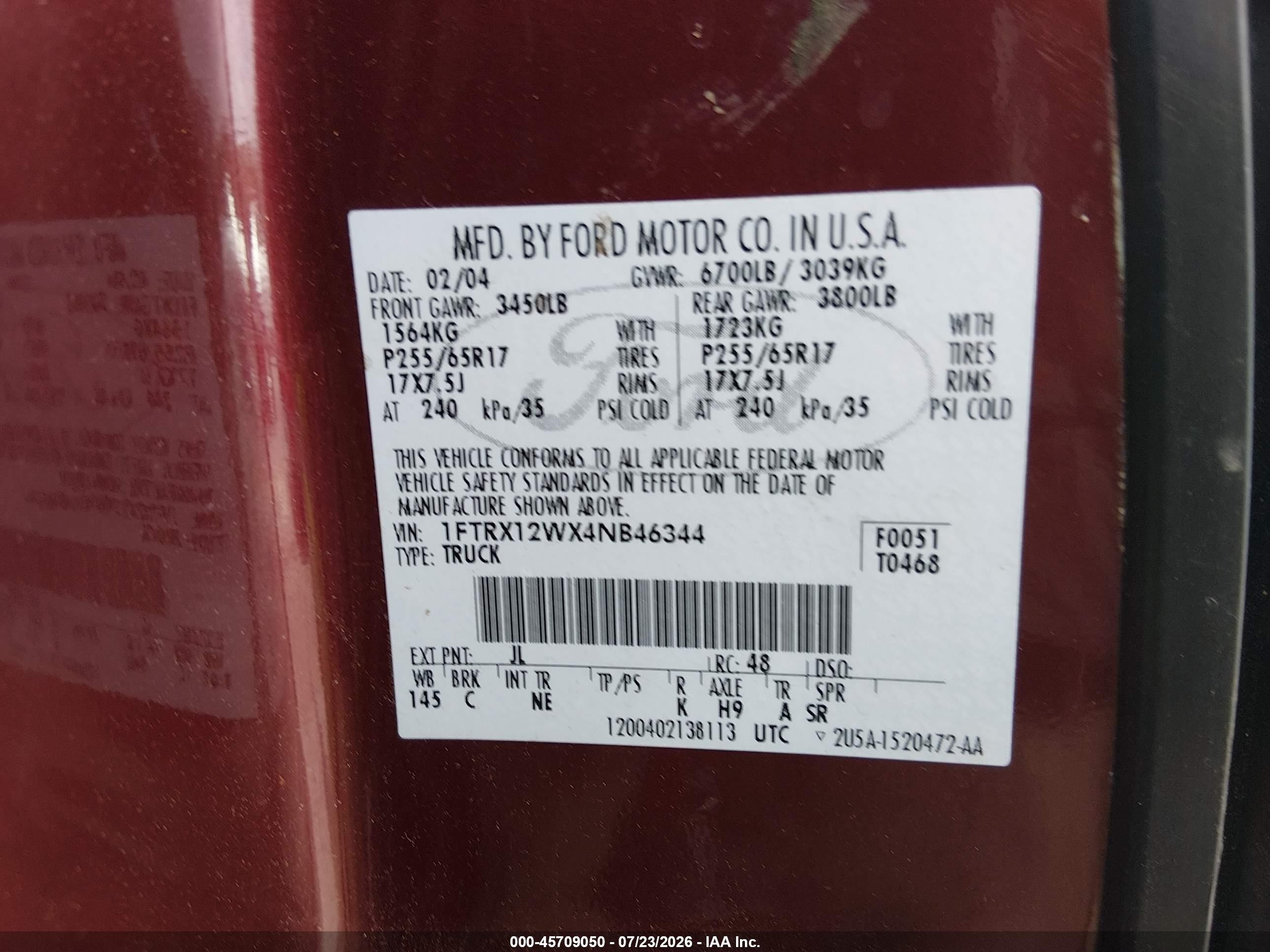 2004 Ford F-150 Stx/xl/xlt Red vin: 1FTRX12WX4NB46344