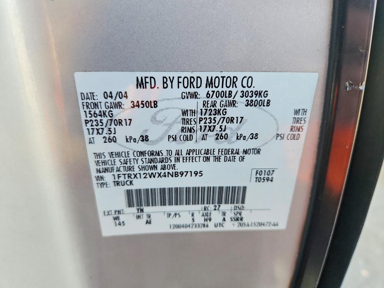 2004 Ford F150 Silver vin: 1FTRX12WX4NB97195
