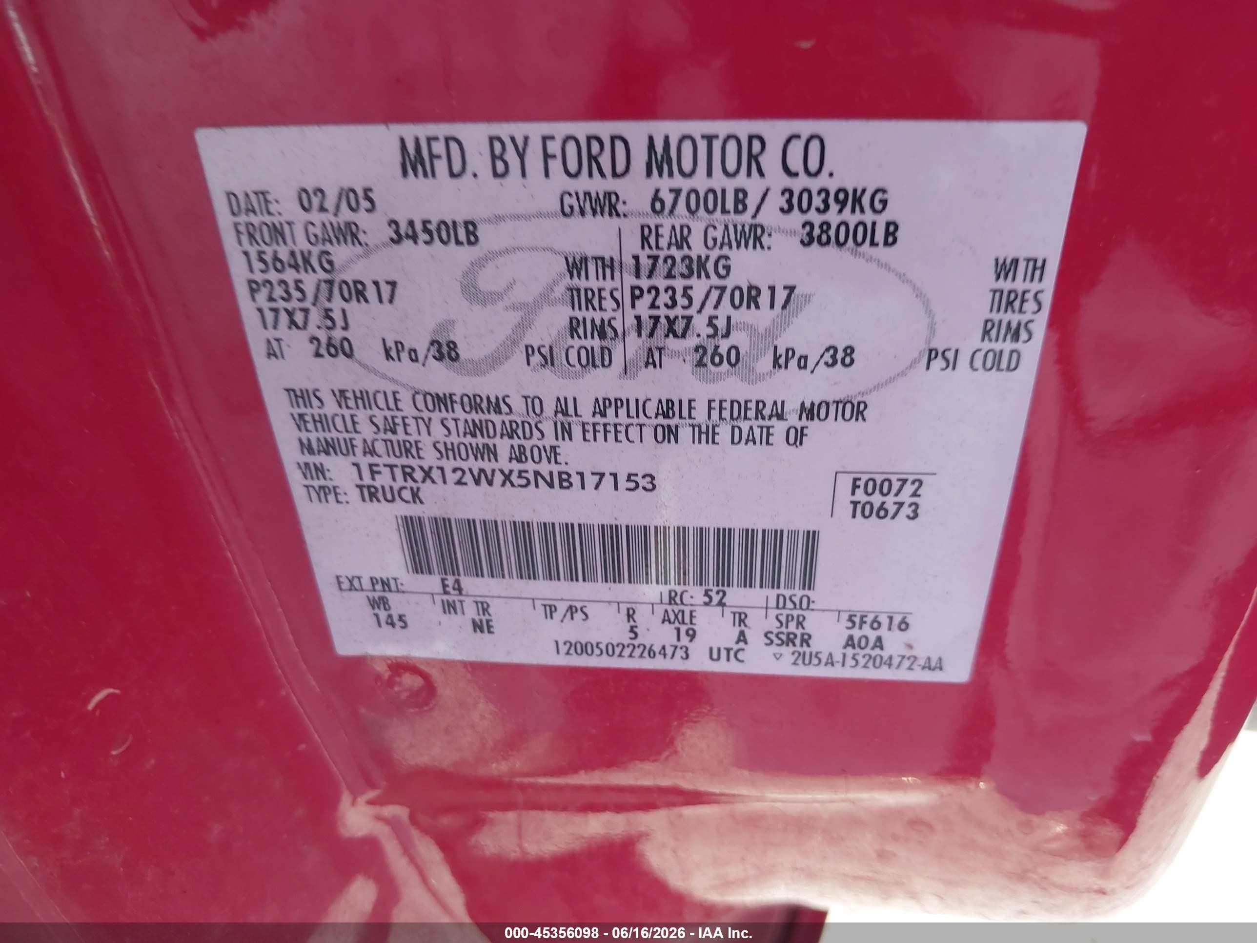 2005 Ford F-150 Stx/xl/xlt Red vin: 1FTRX12WX5NB17153