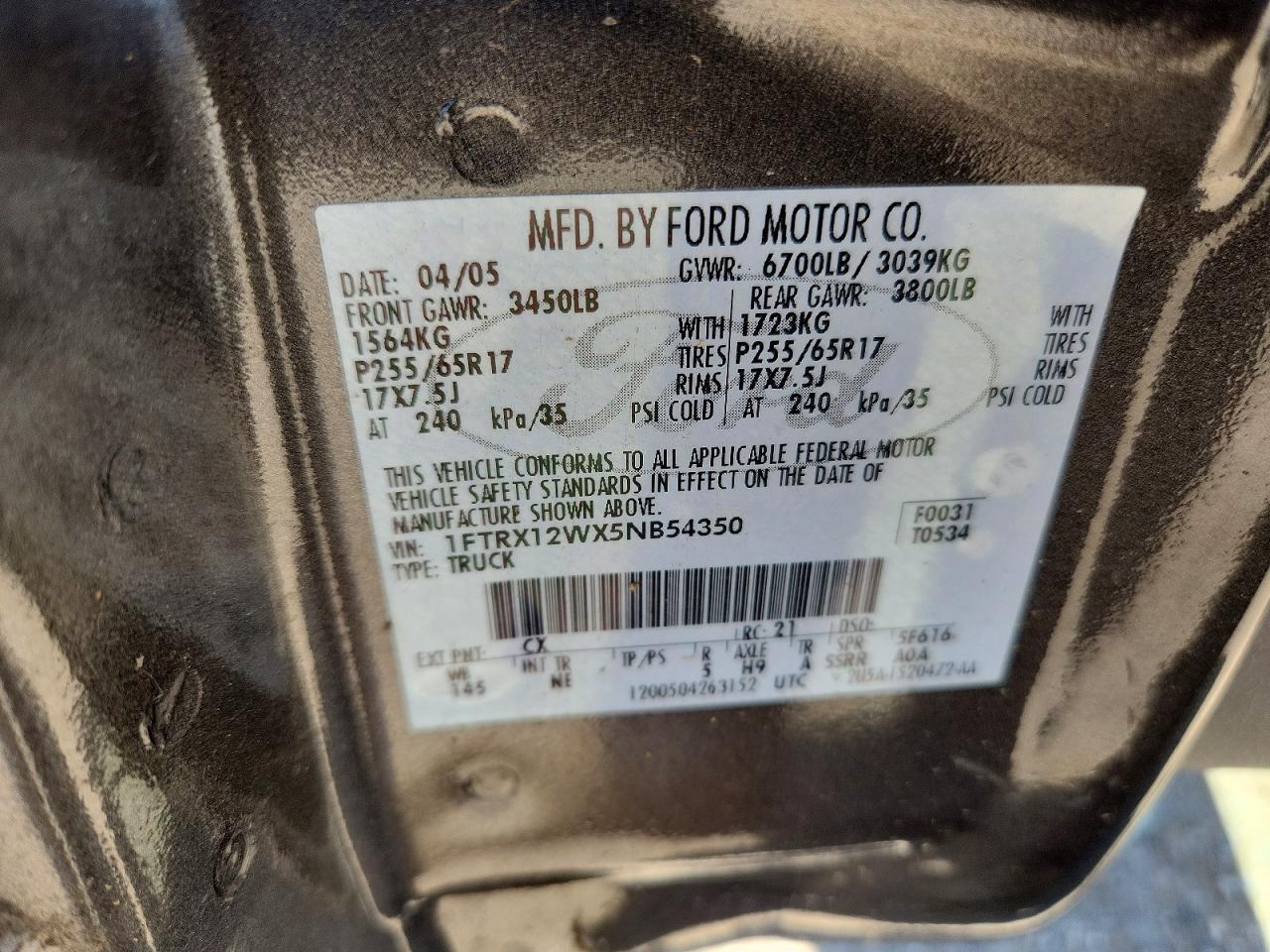 2005 Ford F150 Charcoal vin: 1FTRX12WX5NB54350