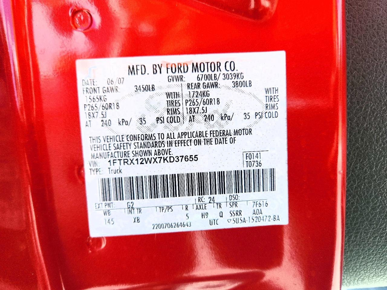 2007 Ford F150 Red vin: 1FTRX12WX7KD37655