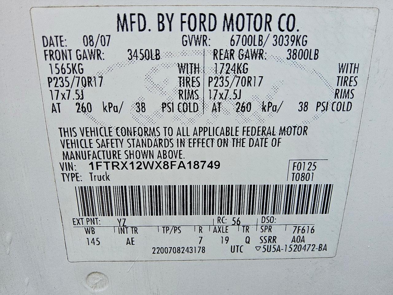 2008 Ford F150 White vin: 1FTRX12WX8FA18749