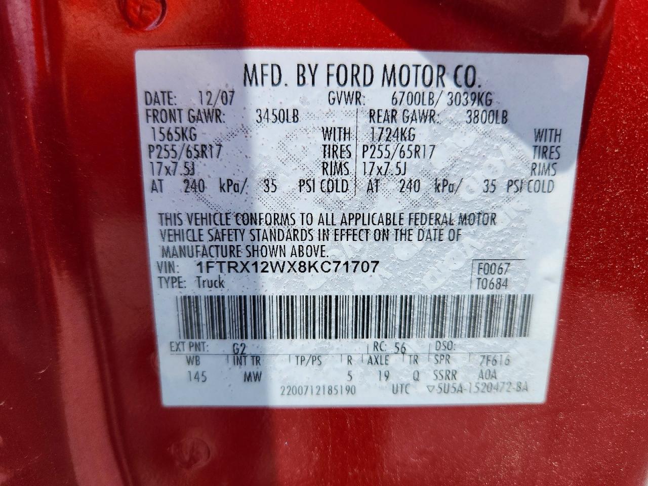 2008 Ford F150 Burgundy vin: 1FTRX12WX8KC71707