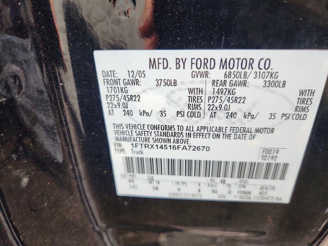 2006 Ford F150 Черный vin: 1FTRX14516FA72670