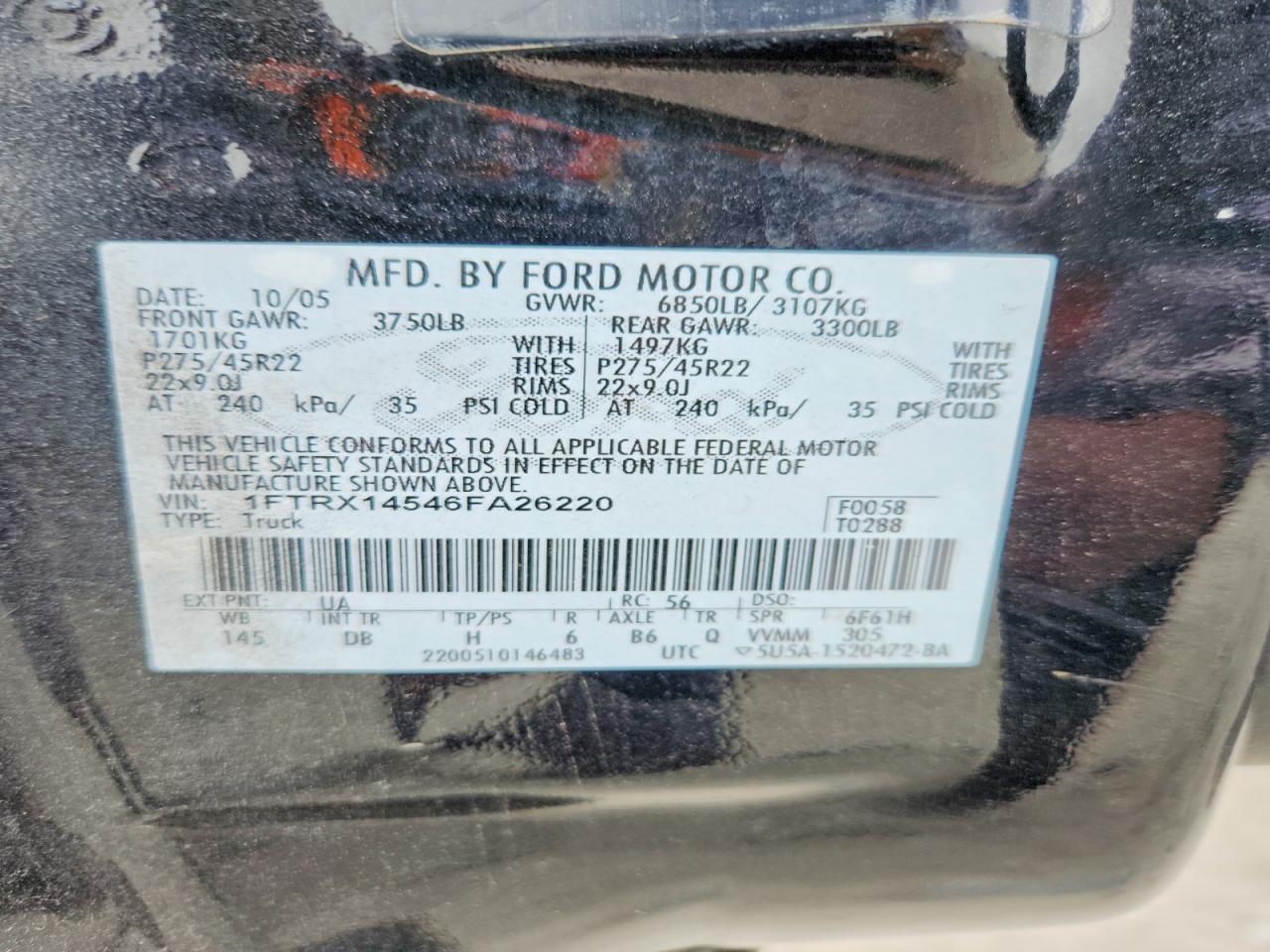 2006 Ford F150 Black vin: 1FTRX14546FA26220