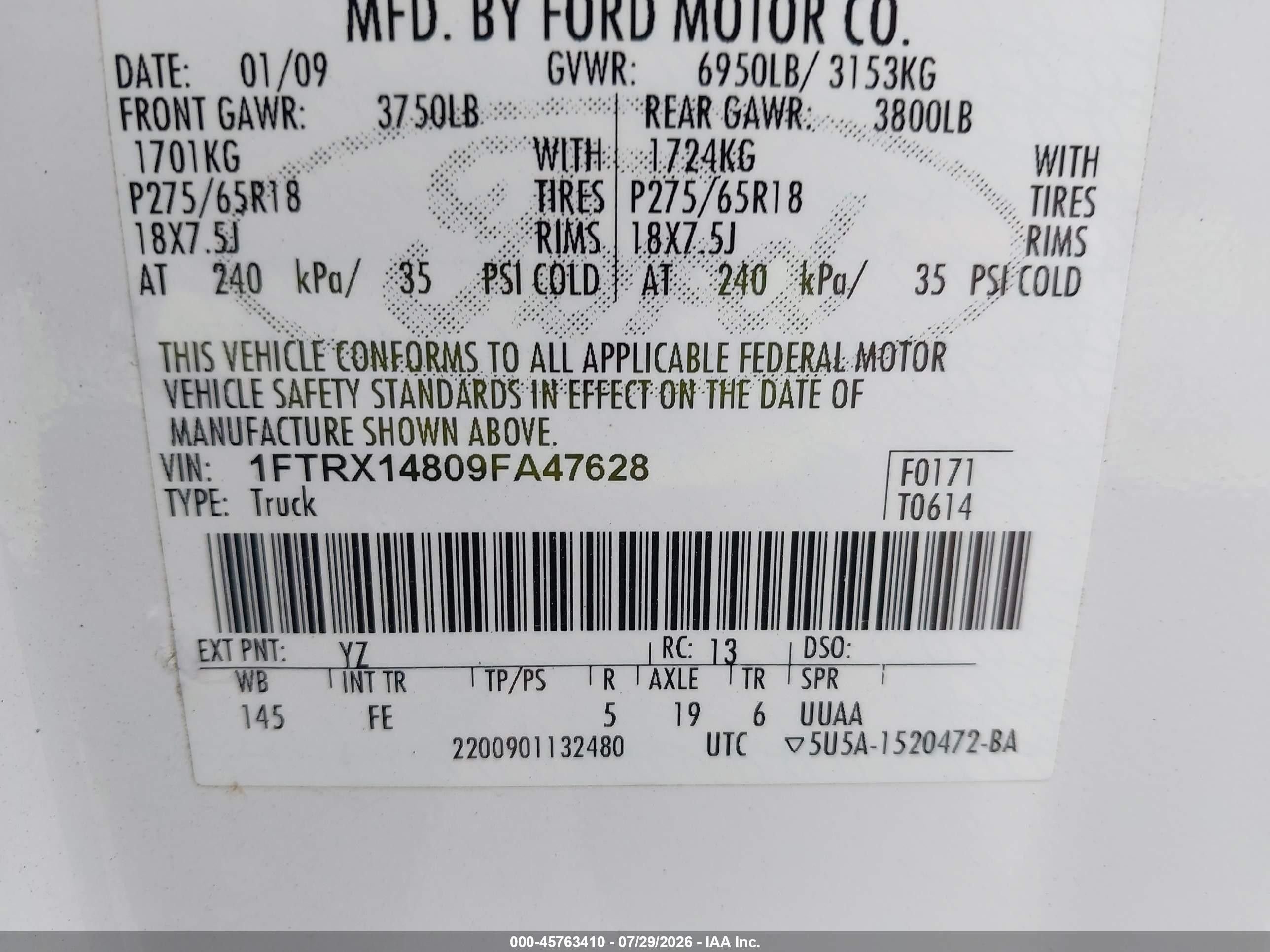 2009 Ford F-150 Stx/xl/xlt White vin: 1FTRX14809FA47628