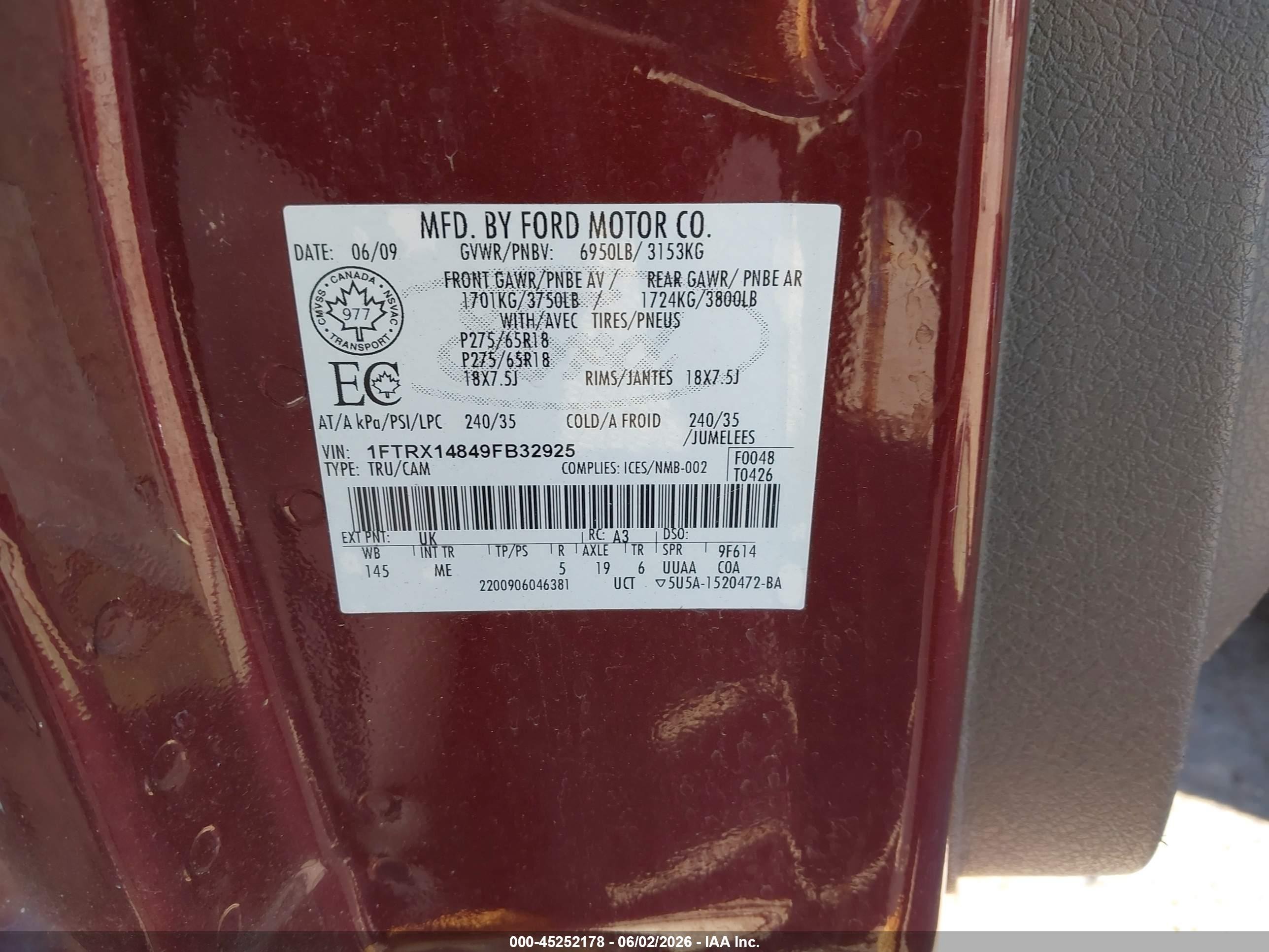 2009 Ford F-150 Stx/xl/xlt Maroon vin: 1FTRX14849FB32925