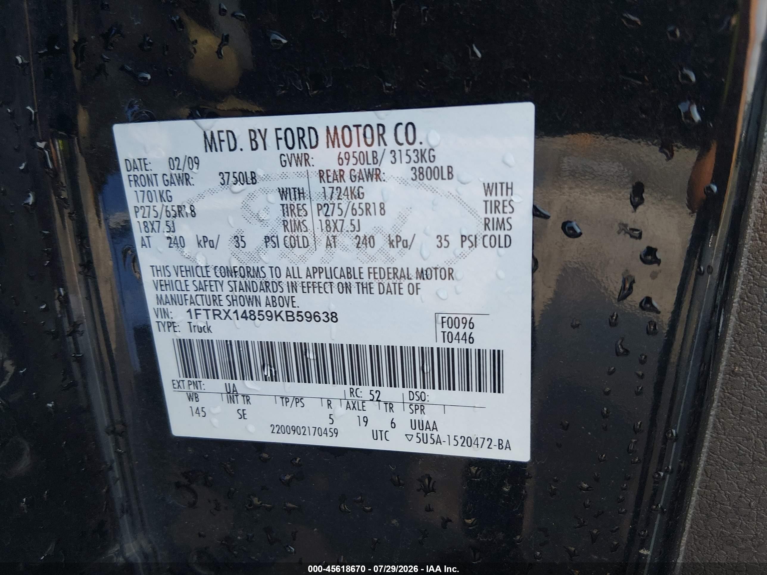 2009 Ford F-150 Stx/xl/xlt Black vin: 1FTRX14859KB59638