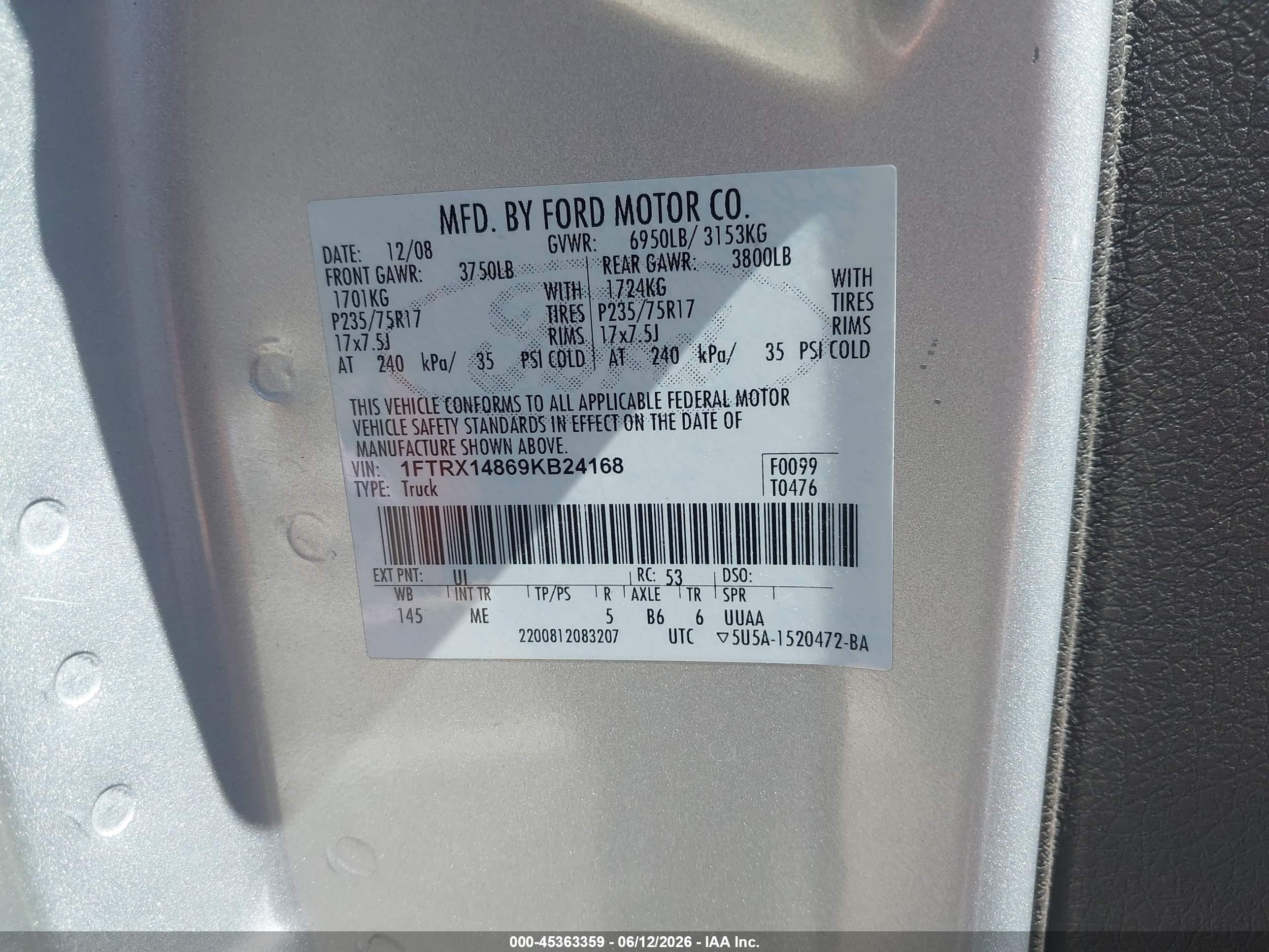 2009 Ford F-150 Stx/xl/xlt Silver vin: 1FTRX14869KB24168