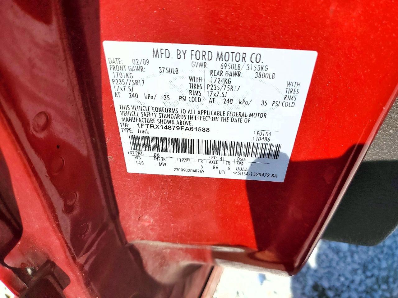 2009 Ford F150 Super Cab Red vin: 1FTRX14879FA61588