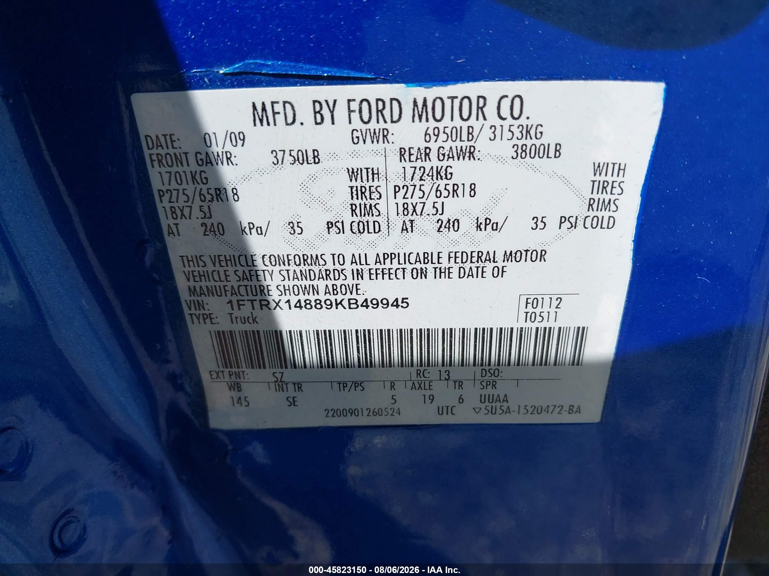 2009 Ford F-150 Stx/xl/xlt Blue vin: 1FTRX14889KB49945