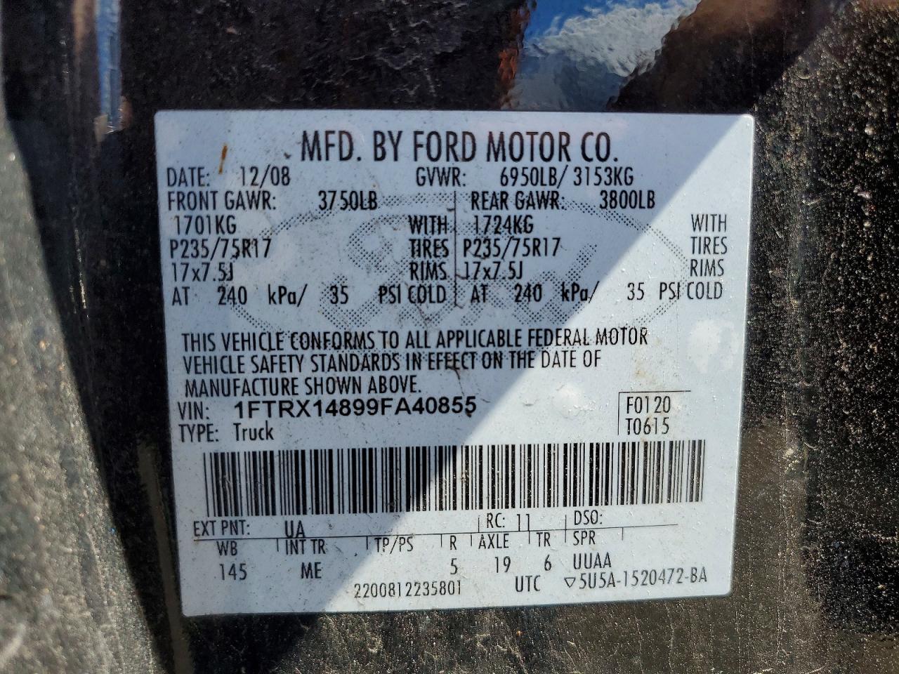 2009 Ford F150 Super Cab Черный vin: 1FTRX14899FA40855