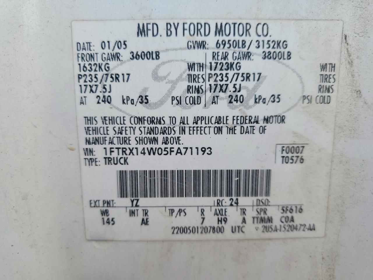 2005 Ford F150 Белый vin: 1FTRX14W05FA71193