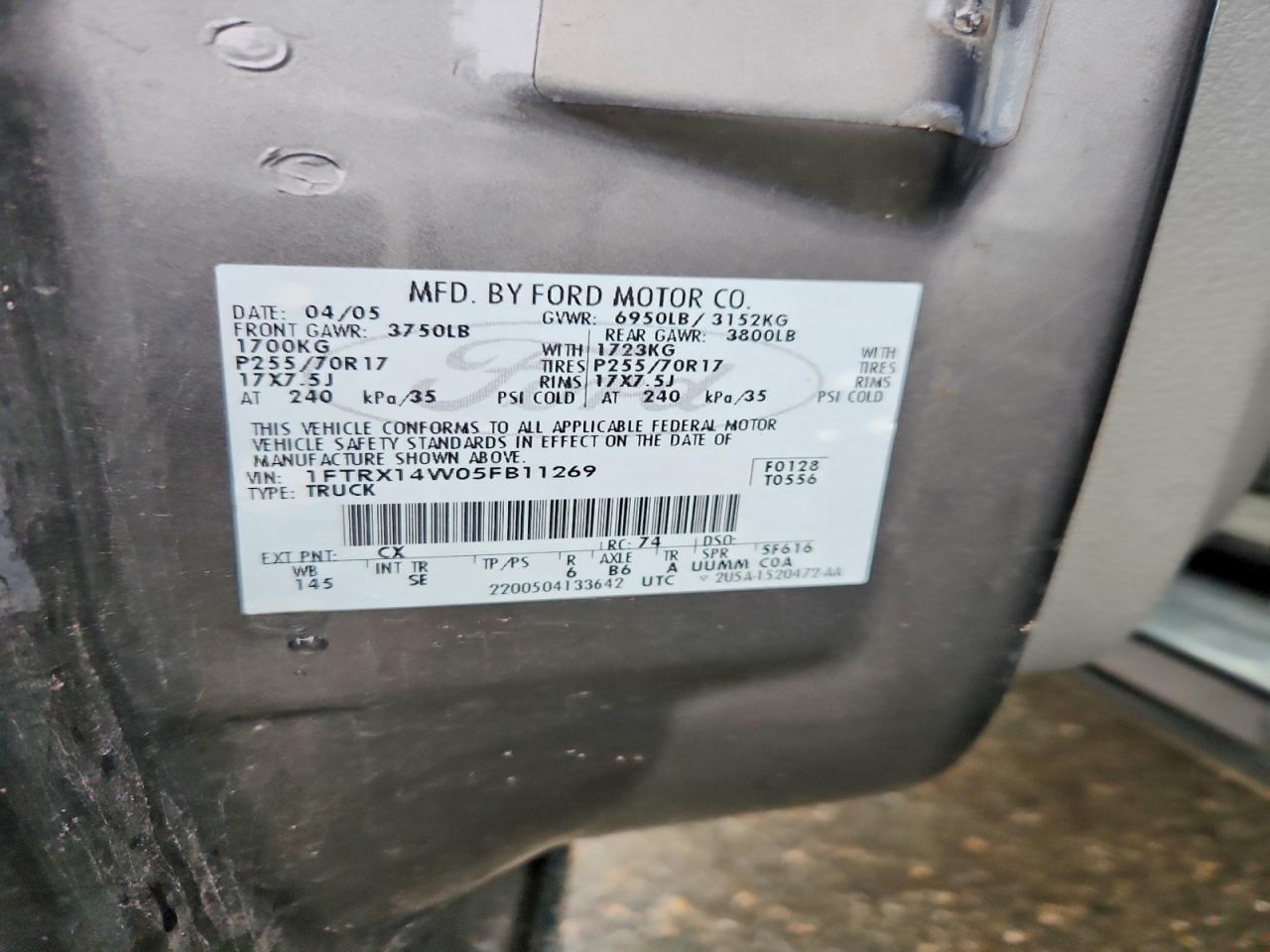 2005 Ford F150 Charcoal vin: 1FTRX14W05FB11269
