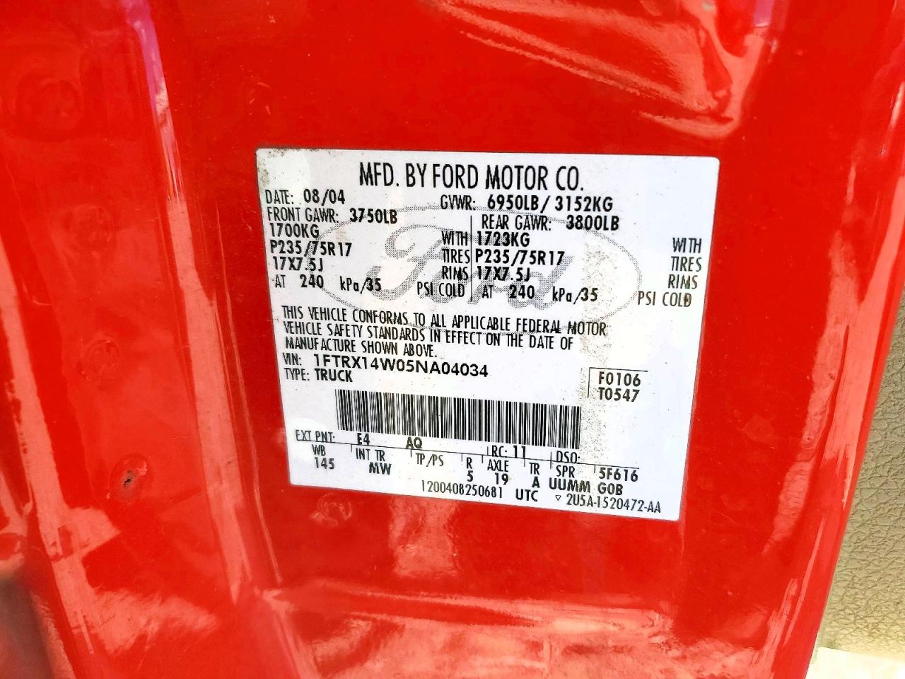 2005 Ford F150 Red vin: 1FTRX14W05NA04034