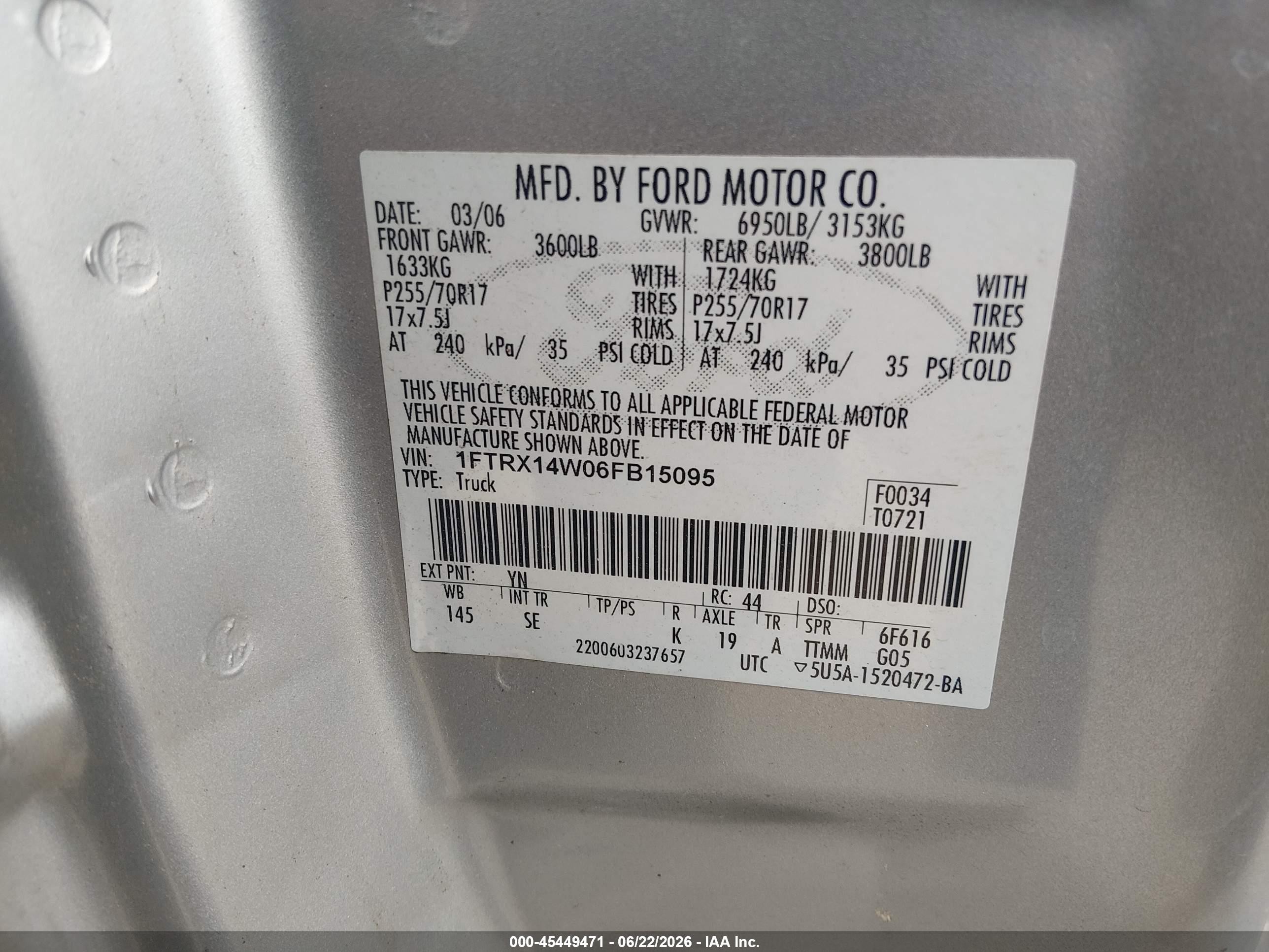 2006 Ford F-150 Stx/xl/xlt Silver vin: 1FTRX14W06FB15095