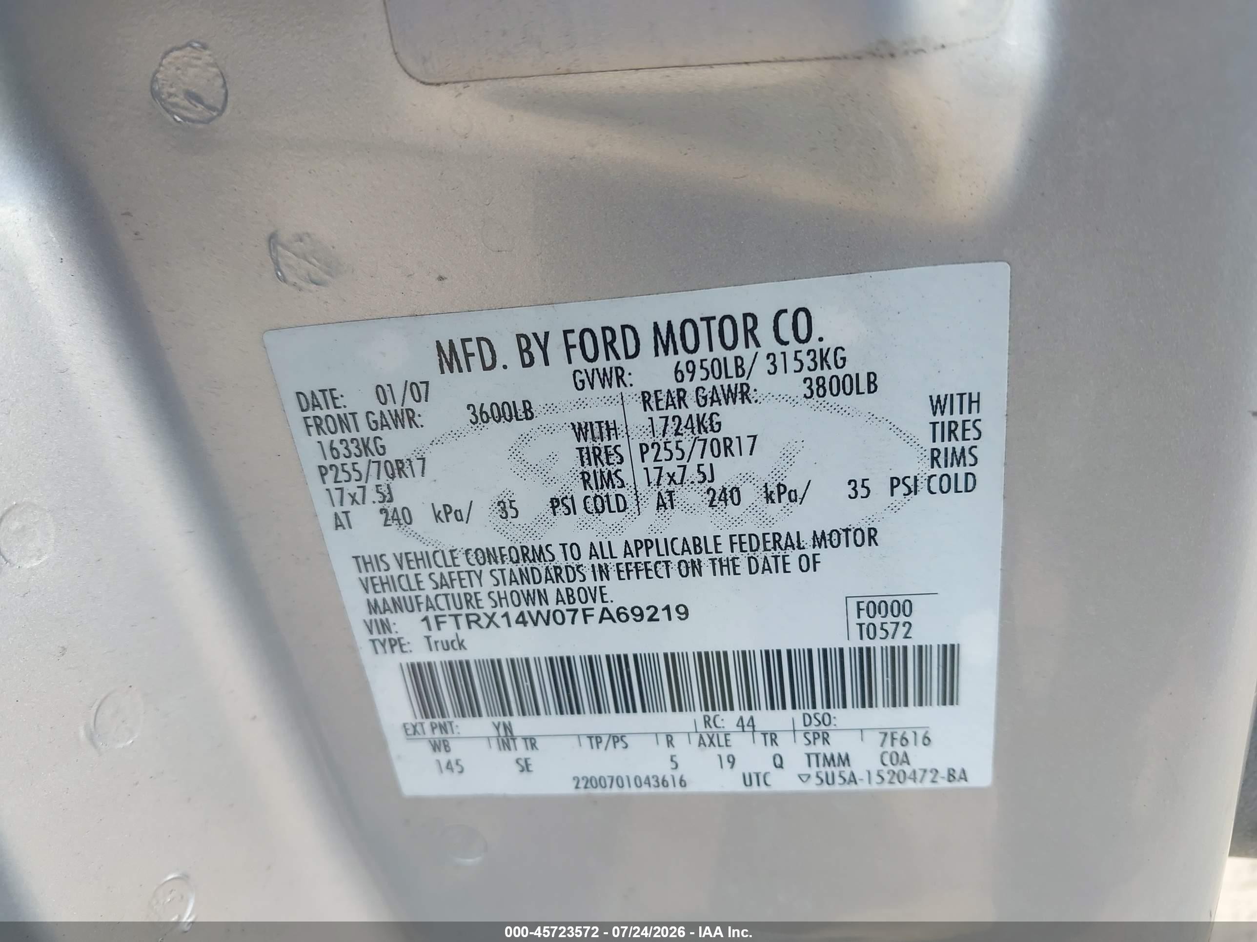2007 Ford F-150 Fx4/stx/xl/xlt Серебряный vin: 1FTRX14W07FA69219