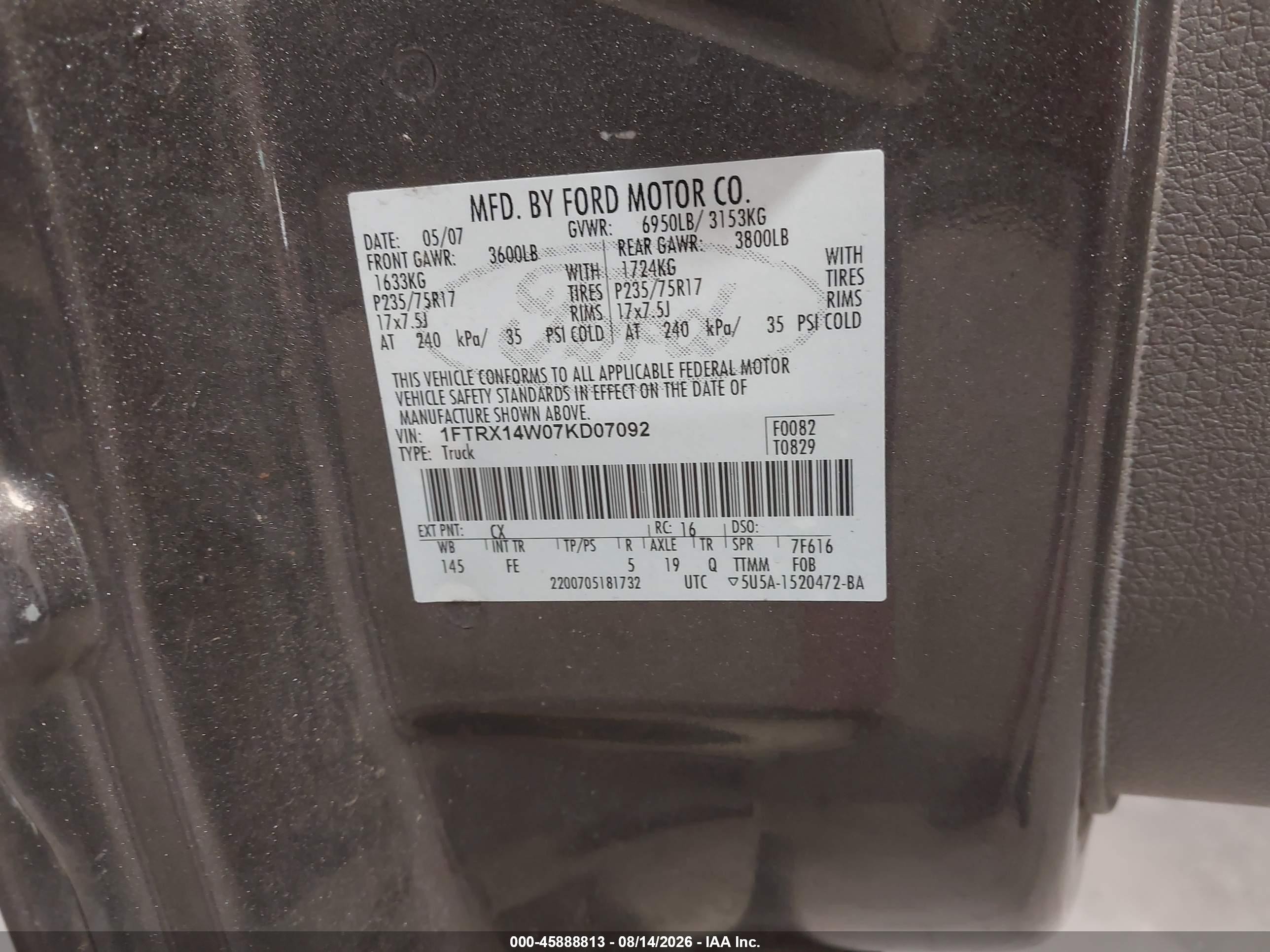 2007 Ford F-150 Fx4/stx/xl/xlt Gray vin: 1FTRX14W07KD07092
