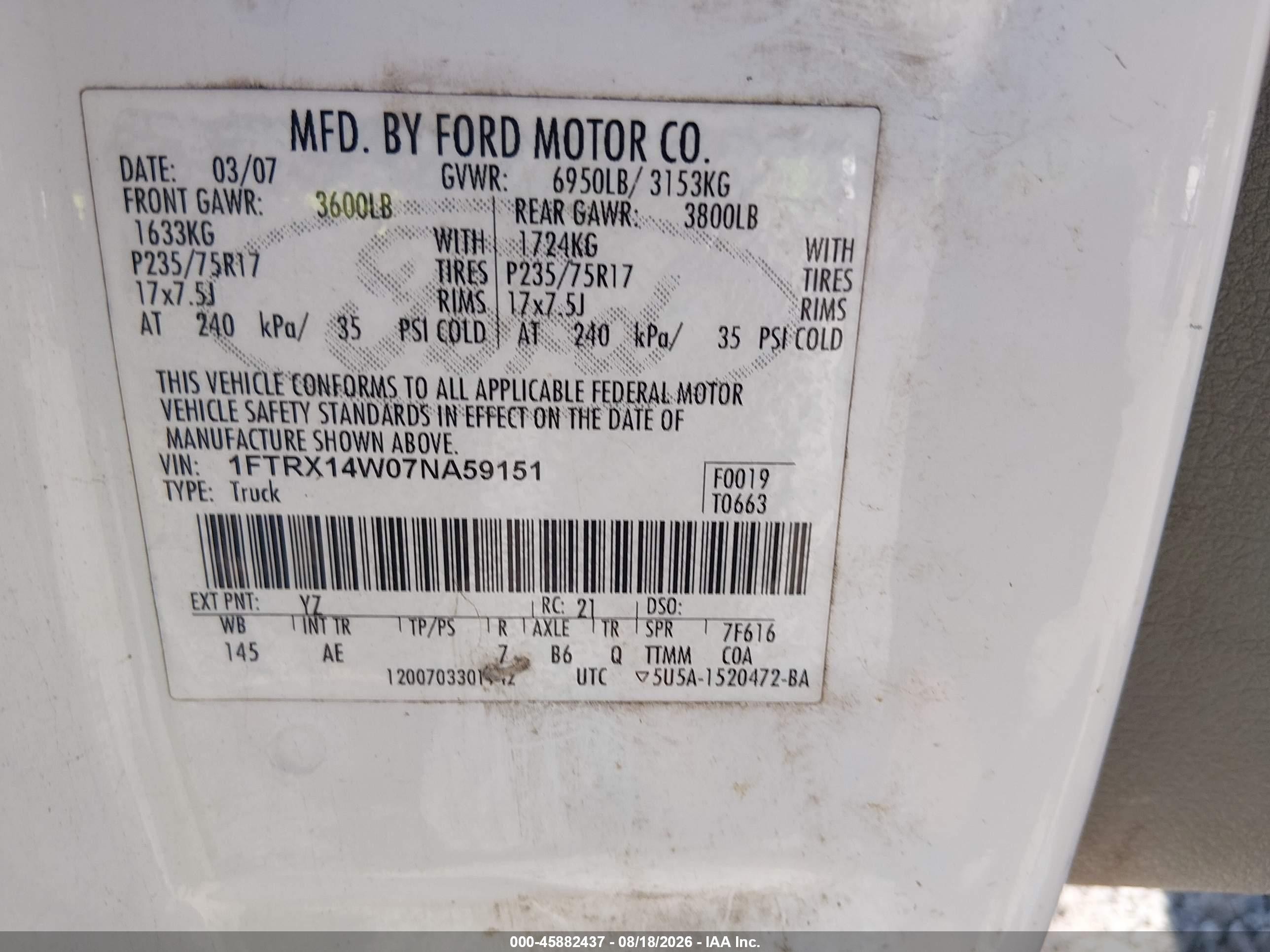2007 Ford F-150 Fx4/stx/xl/xlt White vin: 1FTRX14W07NA59151