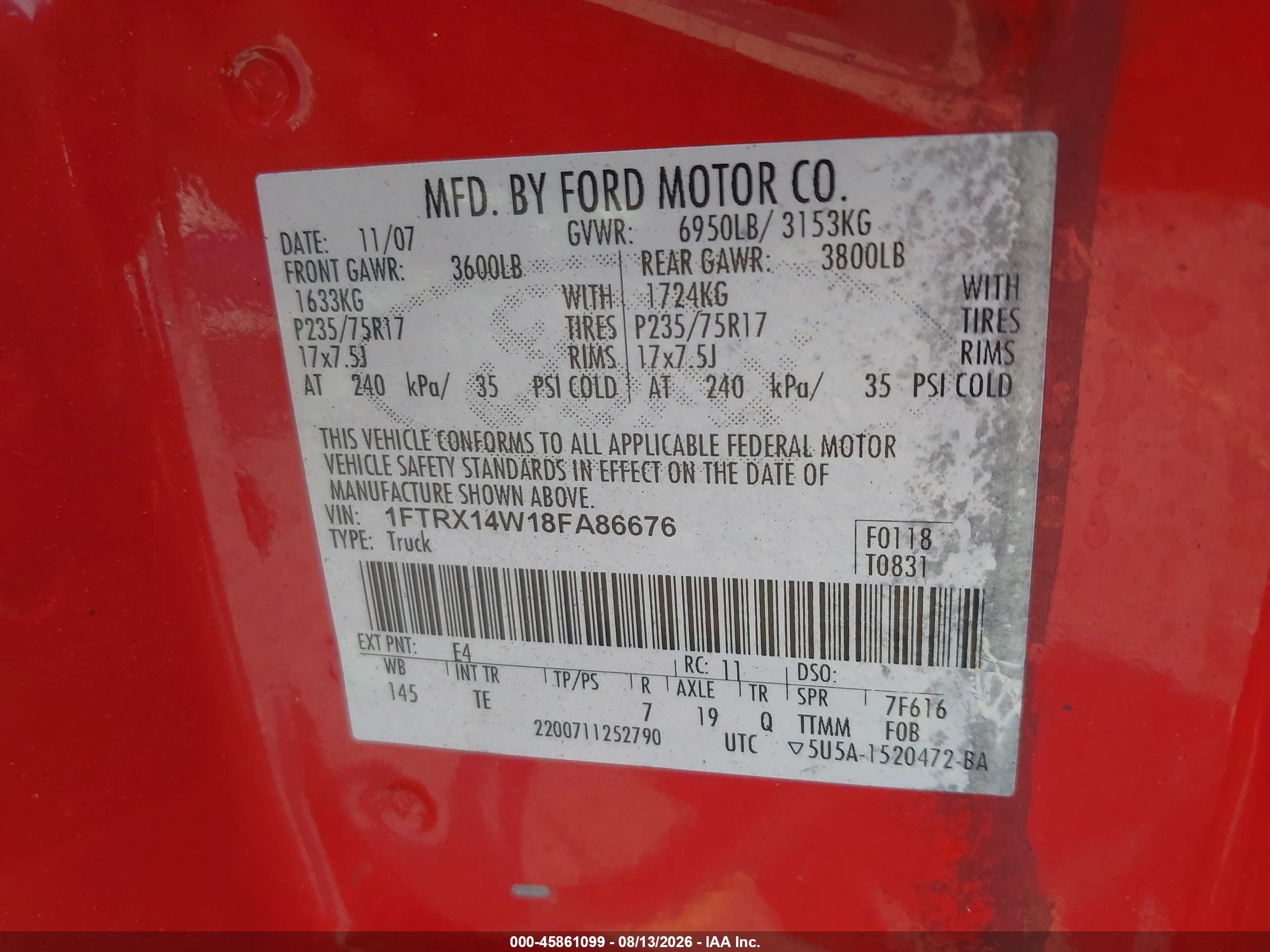 2008 Ford F-150 60th Anniversary/stx/xl/xlt Red vin: 1FTRX14W18FA86676