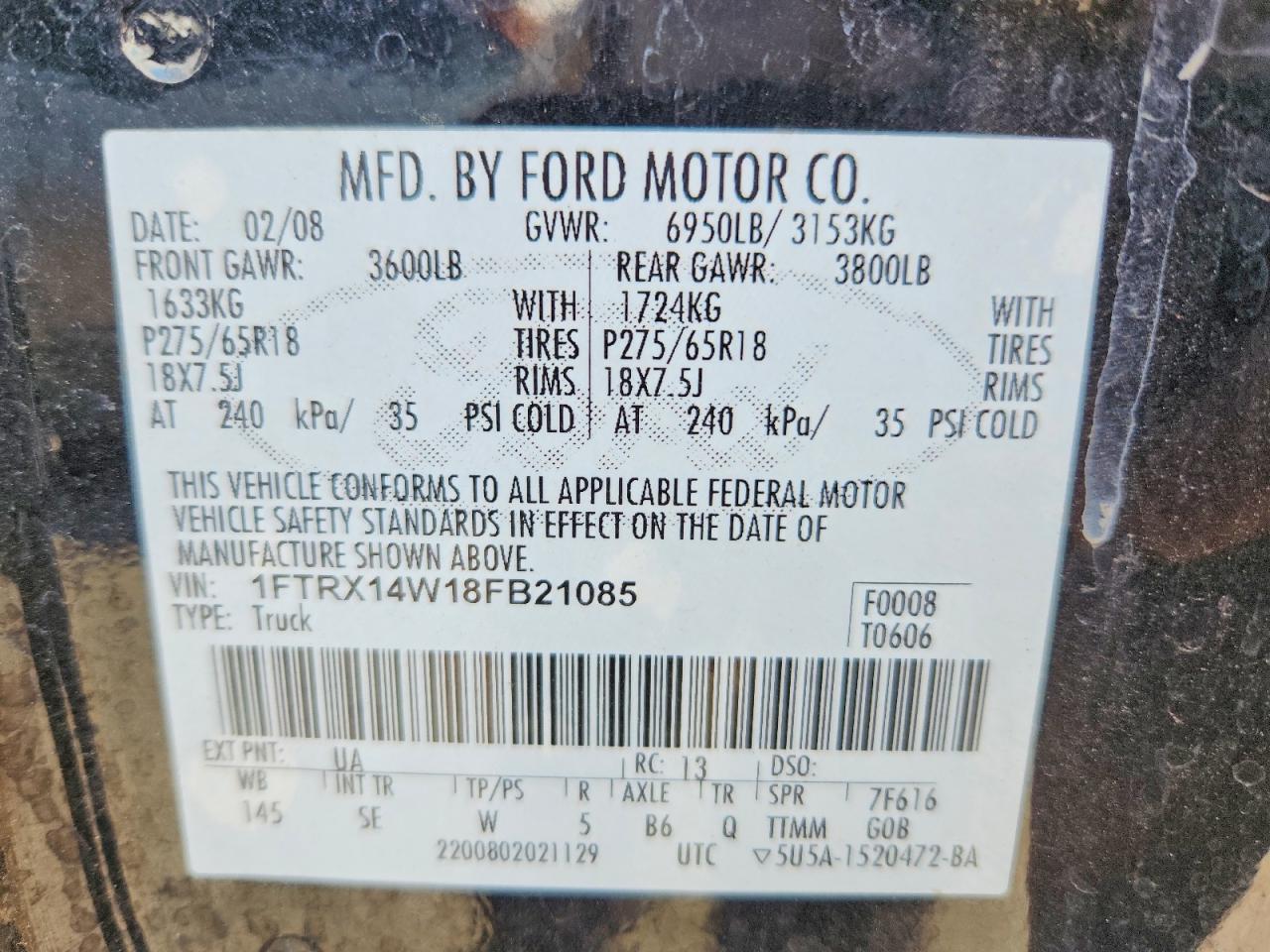 2008 Ford F150 Black vin: 1FTRX14W18FB21085